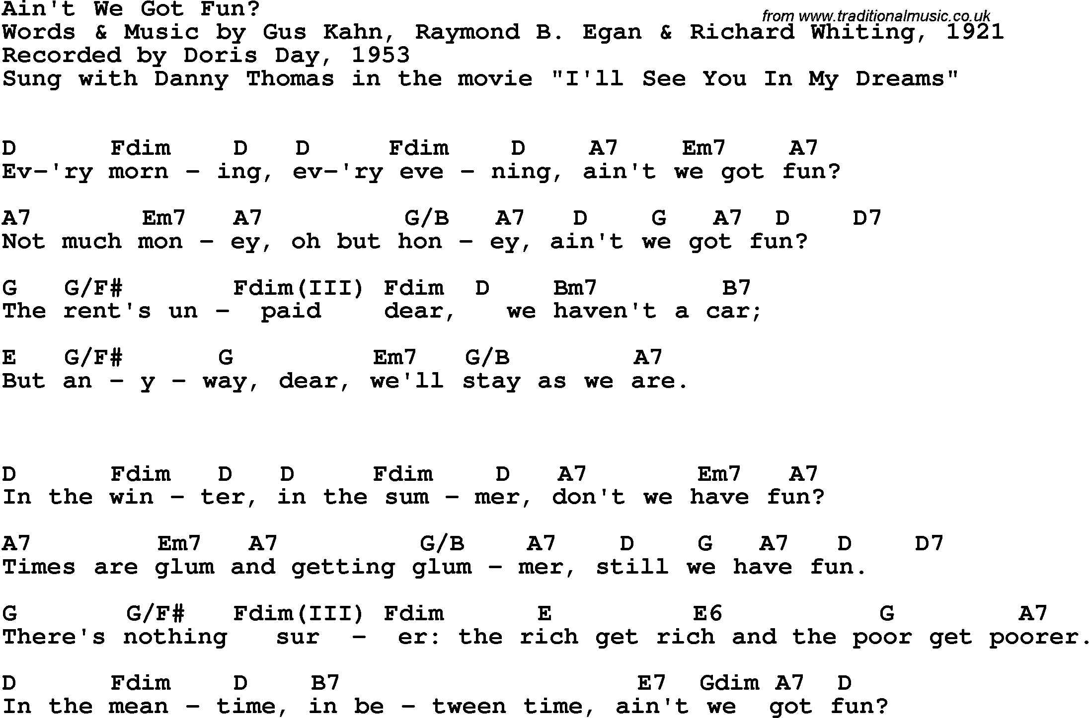 Song Lyrics with guitar chords for Ain't We Got Fun - Doris Day, 1953