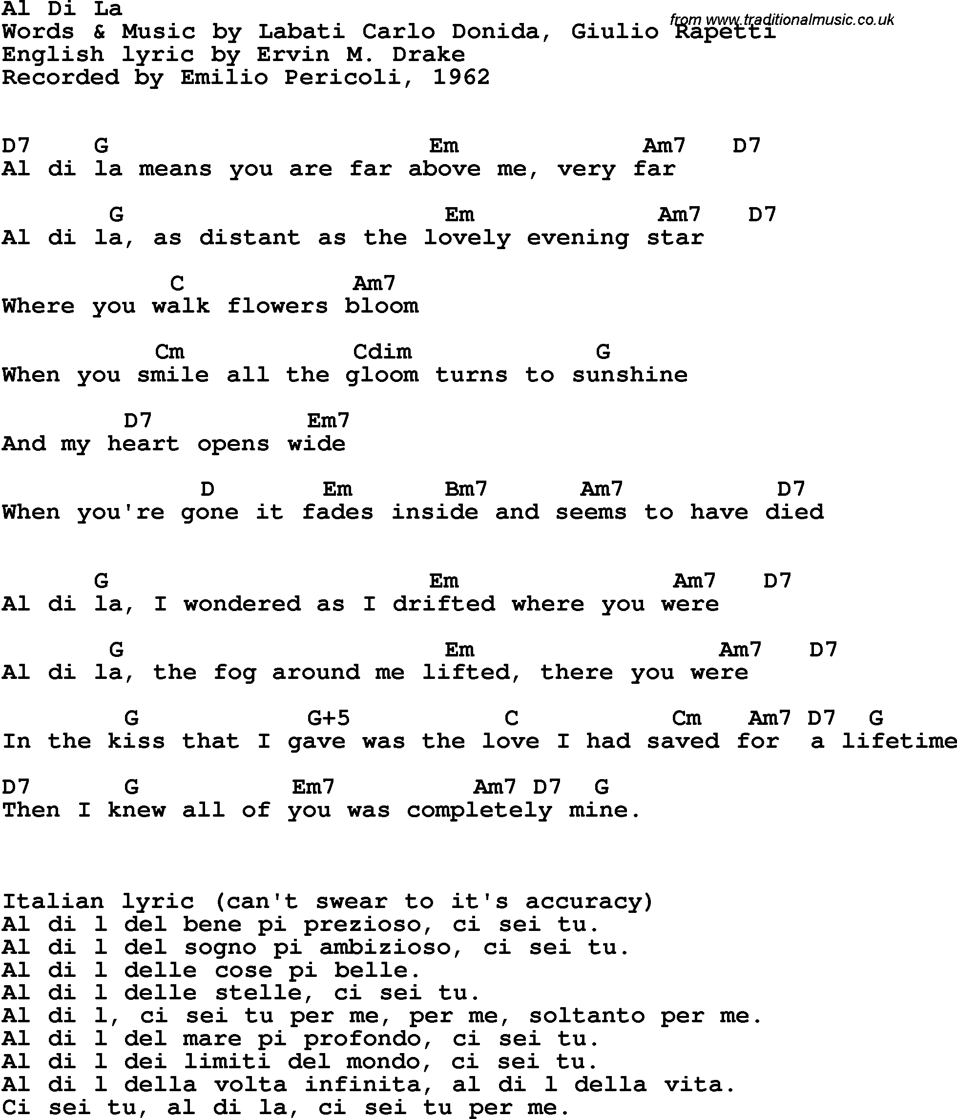 Song Lyrics with guitar chords for Al-di-la - Emilio Pericoli, 1962
