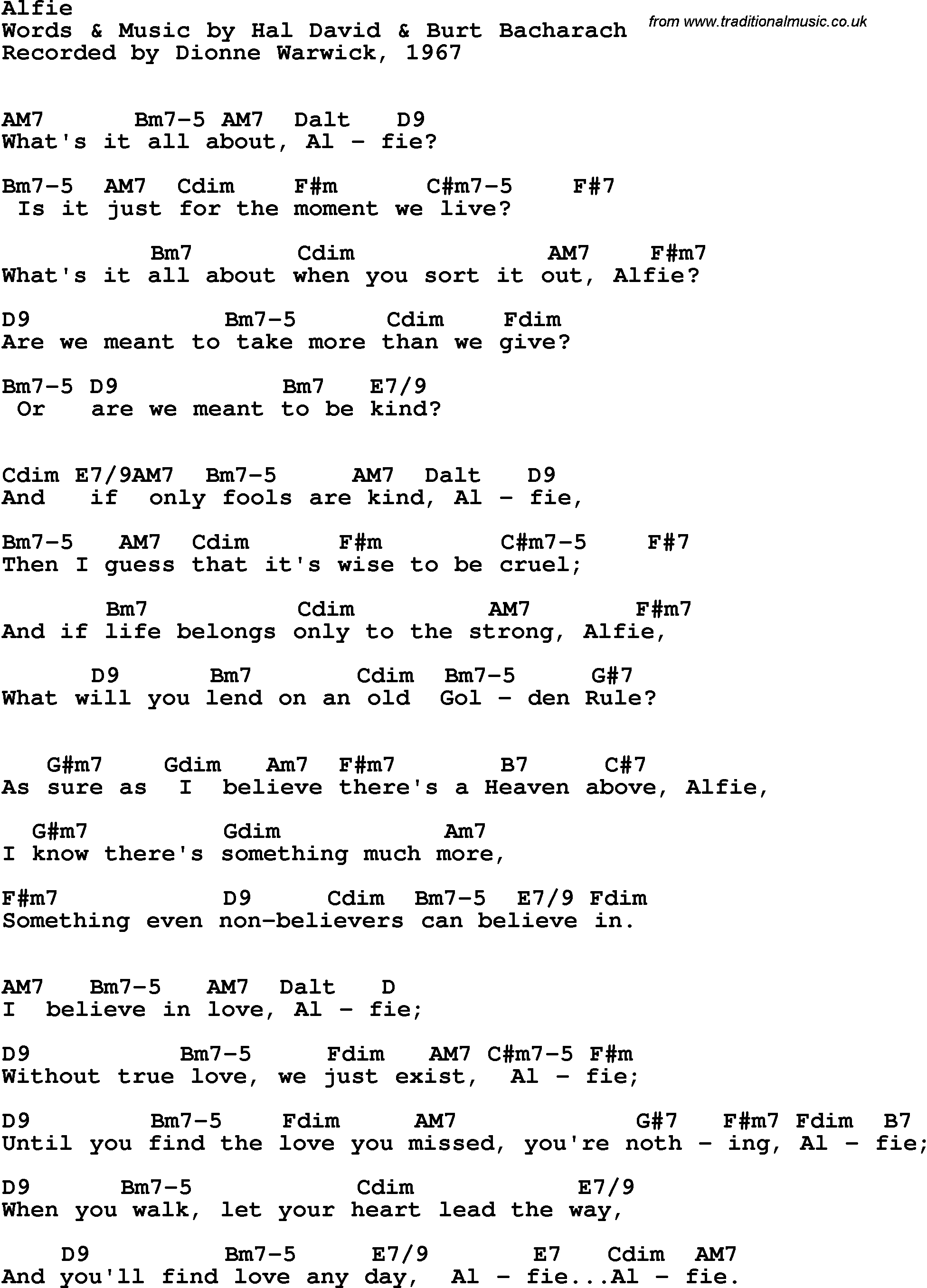 Song Lyrics with guitar chords for Alfie - Dionne Warwick, 1967