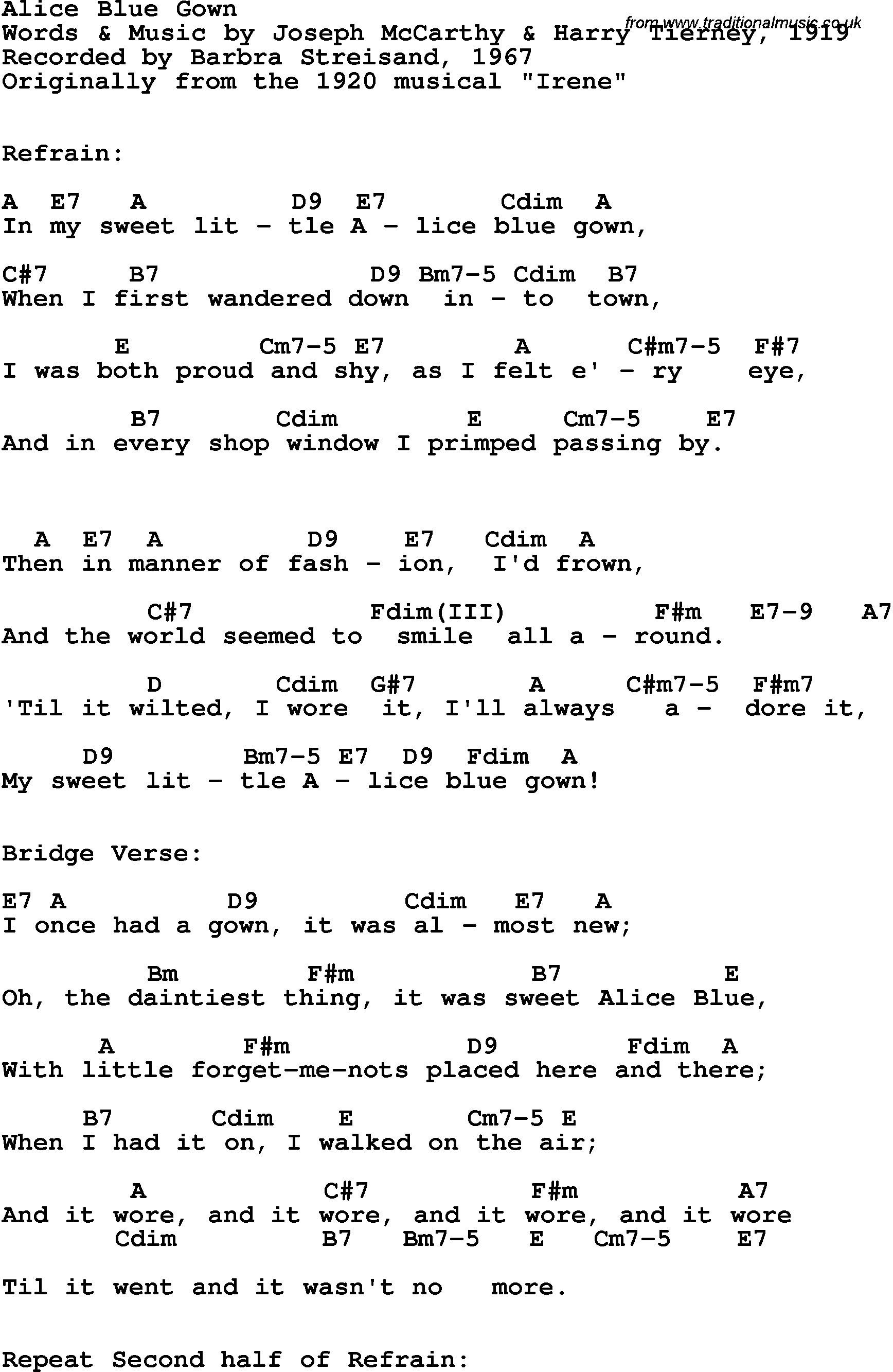 Song Lyrics with guitar chords for Alice Blue Gown - Barbra Steisand, 1967
