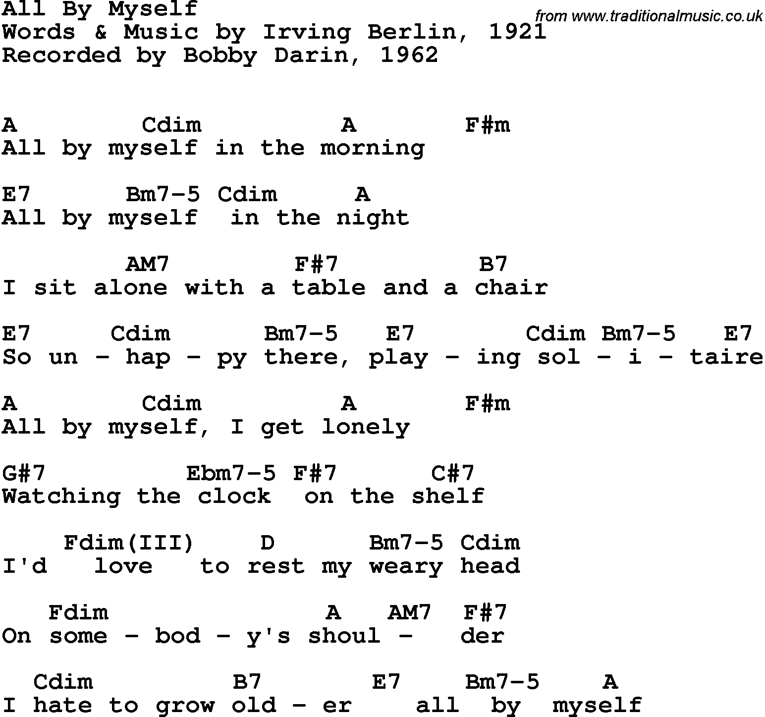 Song Lyrics with guitar chords for All By Myself - Bobby Darin, 1962