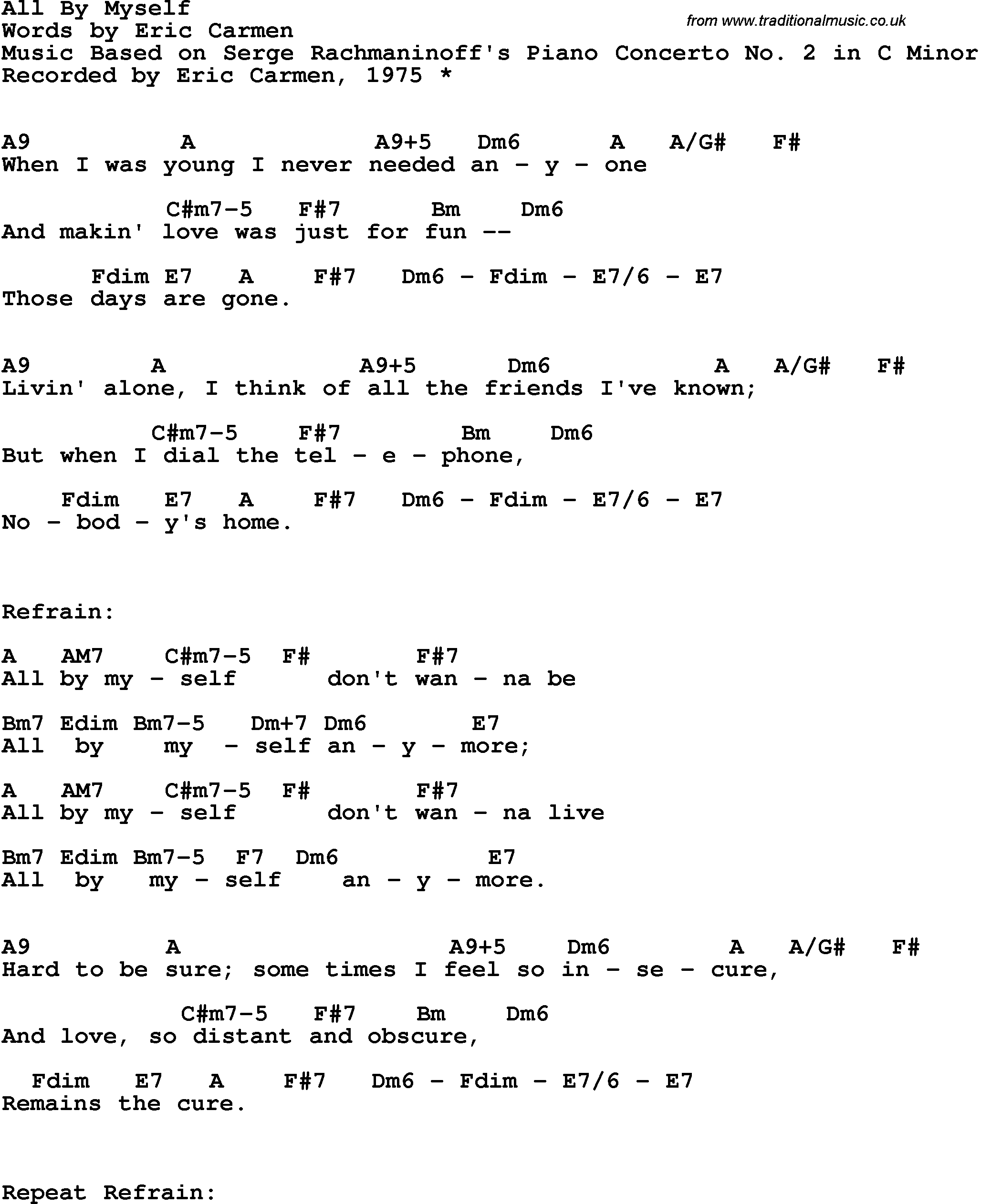 Song Lyrics with guitar chords for All By Myself - Eric Carmen, 1975