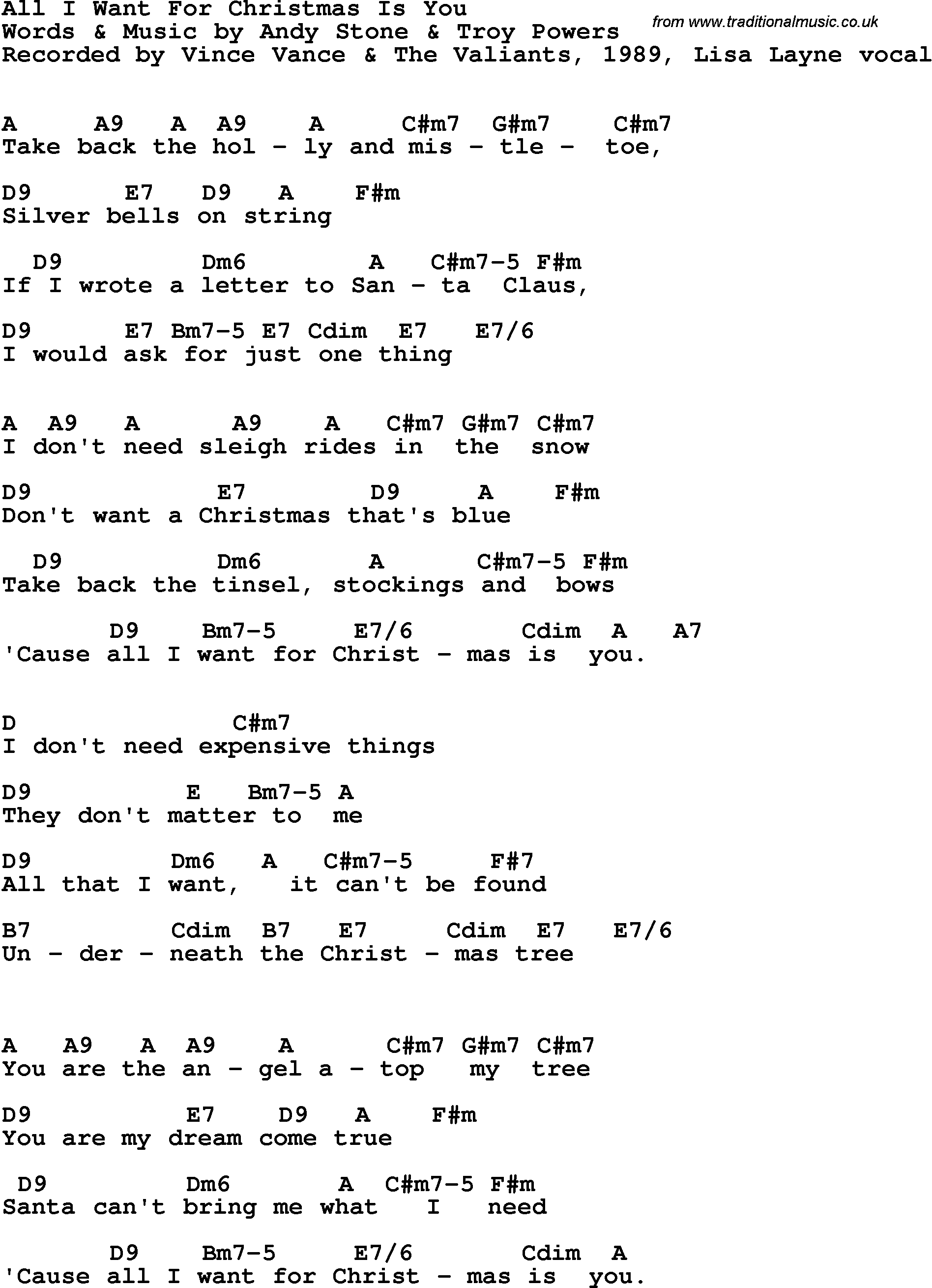 Song Lyrics with guitar chords for All I Want For Christmas Is You - Vince Vance & The Valiants, 1989