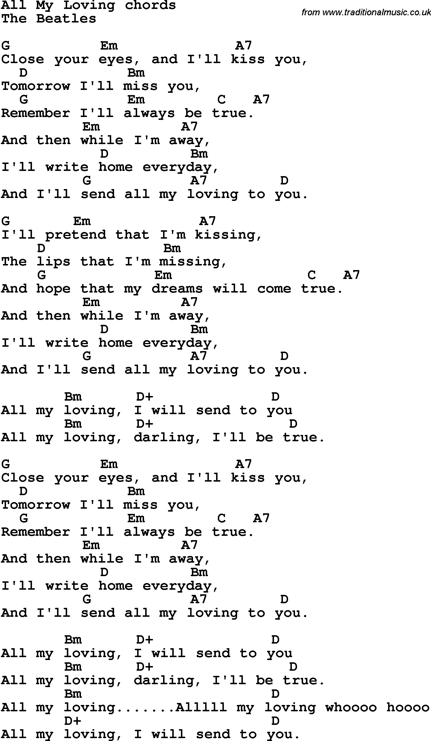 Song Lyrics with guitar chords for All My Loving