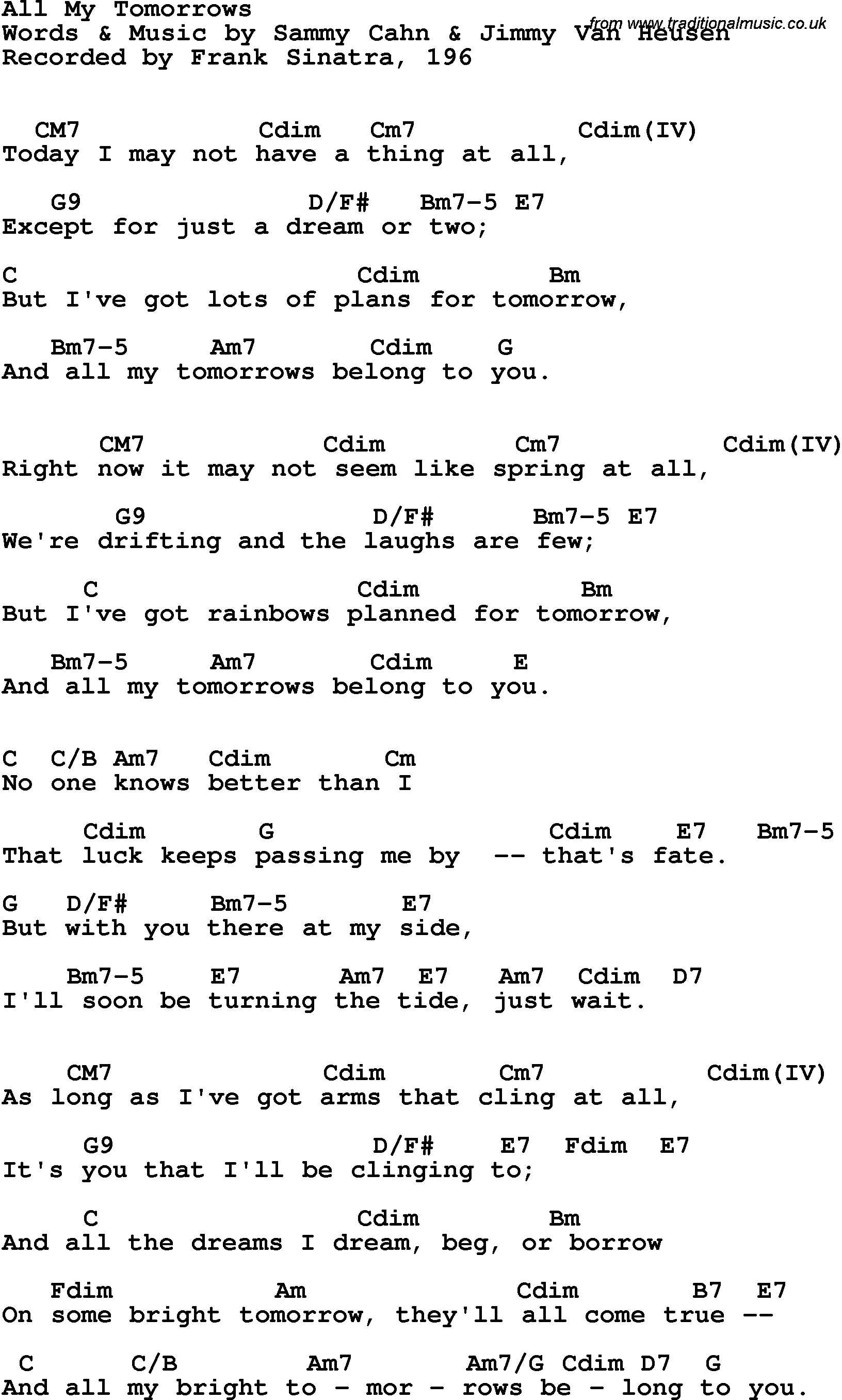 Song Lyrics with guitar chords for All My Tomorrows - Frank Sinatra, 1961