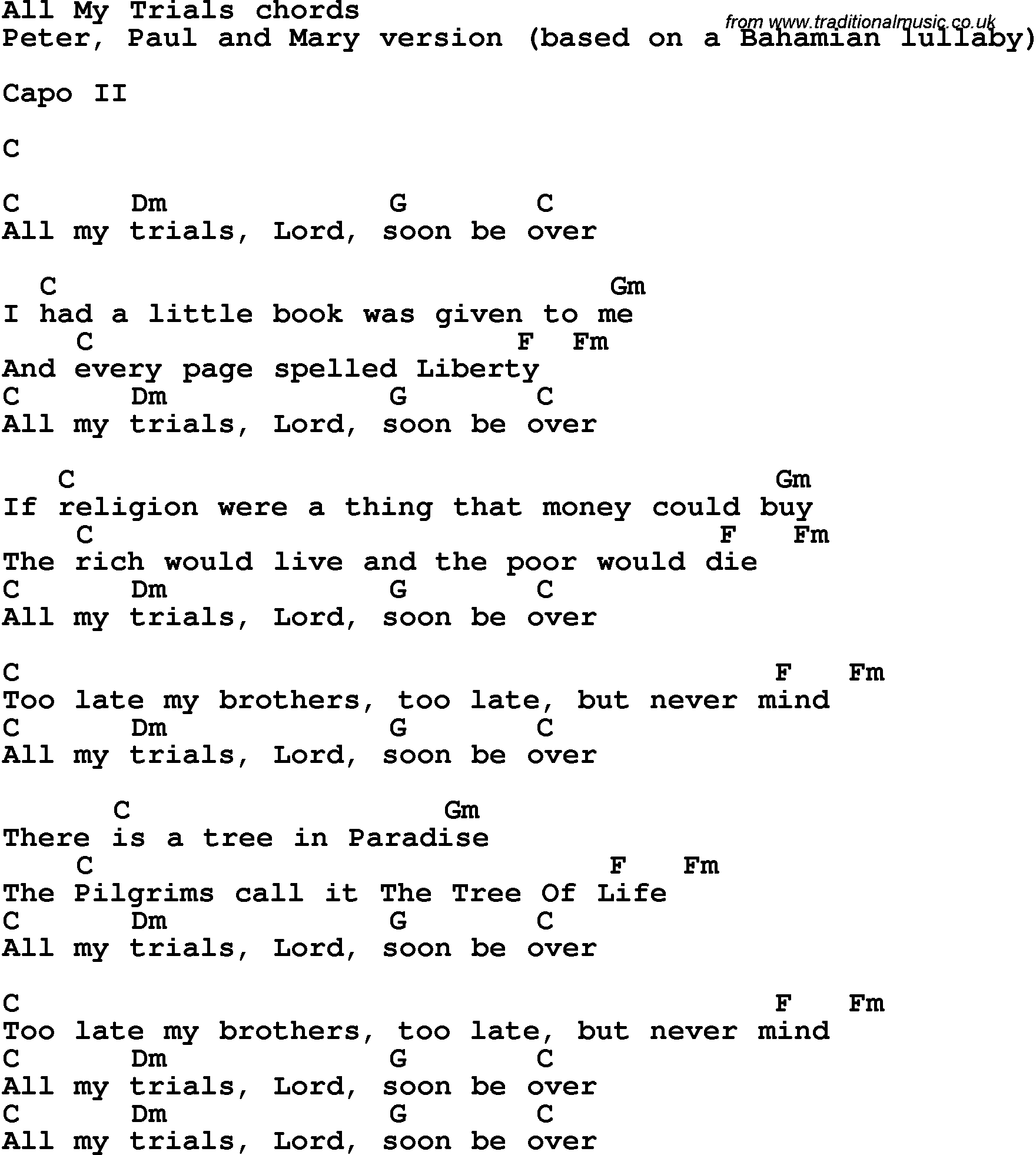 Song Lyrics with guitar chords for All My Trials - Peter, Paul And Mary
