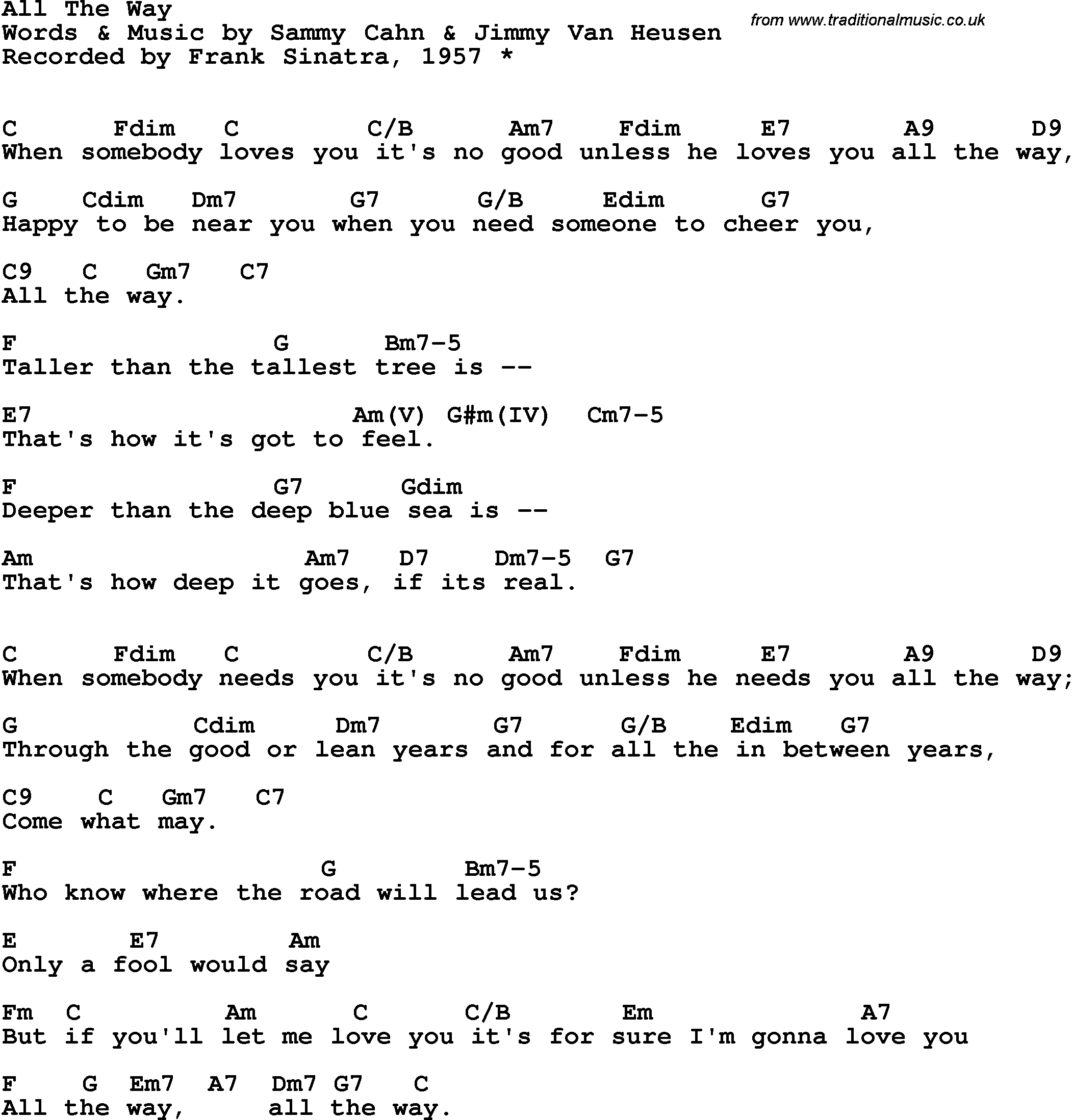 Song Lyrics with guitar chords for All The Way - Frank Sinatra, 1957