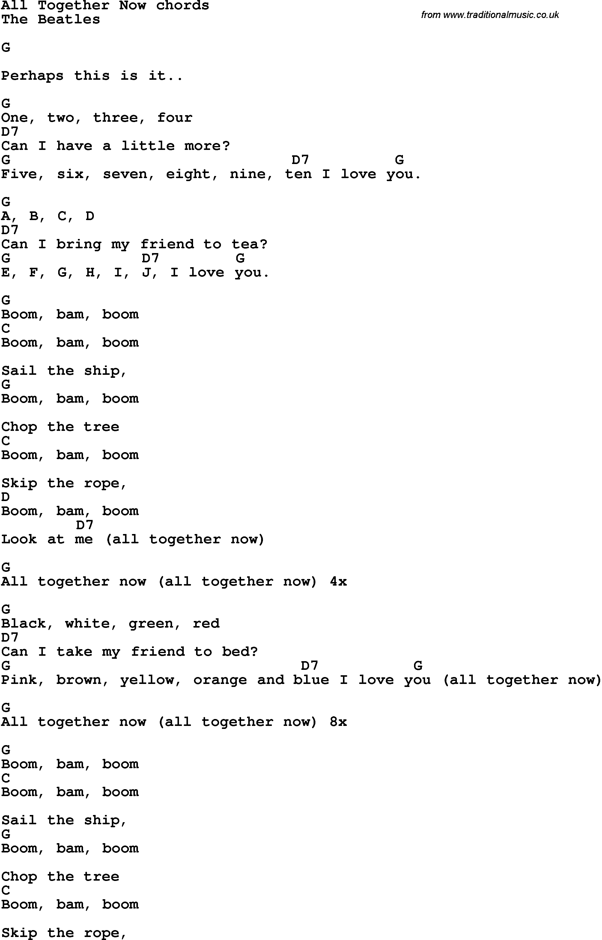 Song Lyrics with guitar chords for All Together Now