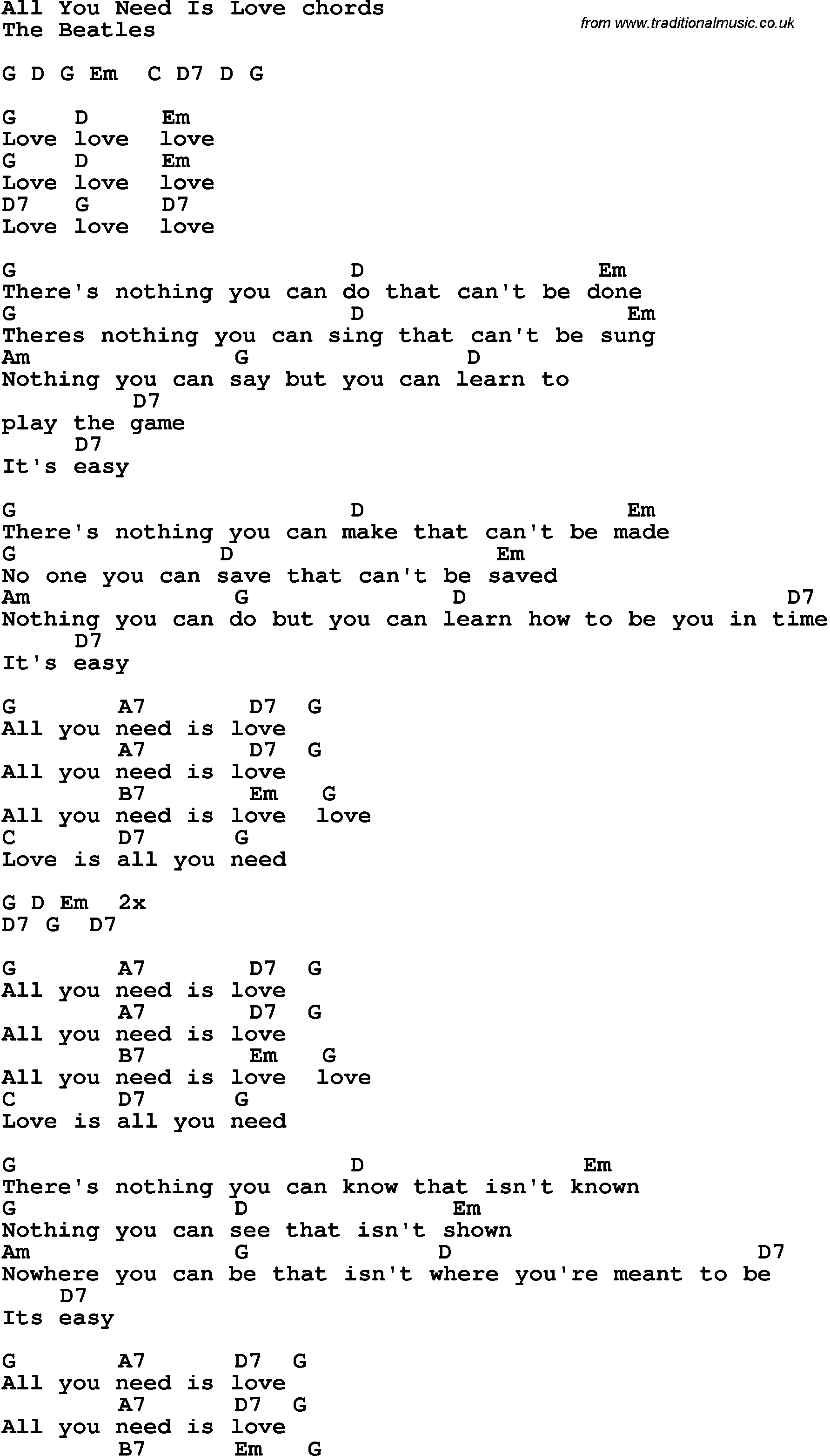 Song Lyrics with guitar chords for All You Need Is Love