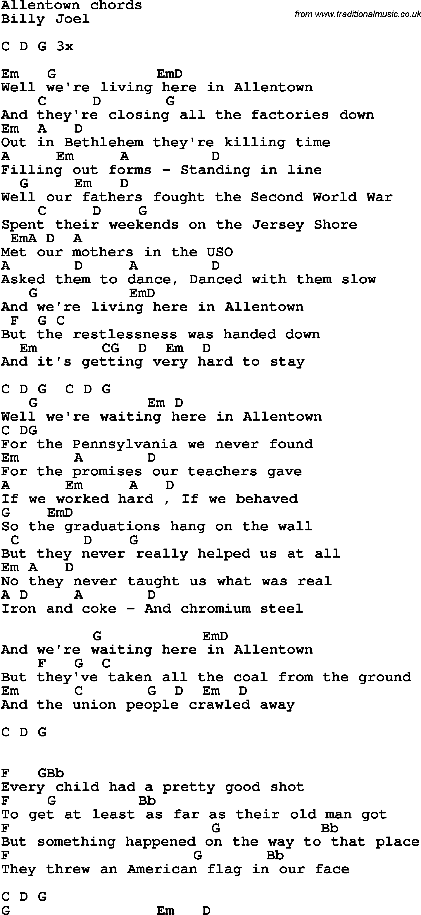 Song Lyrics with guitar chords for Allentown - Billy Joel