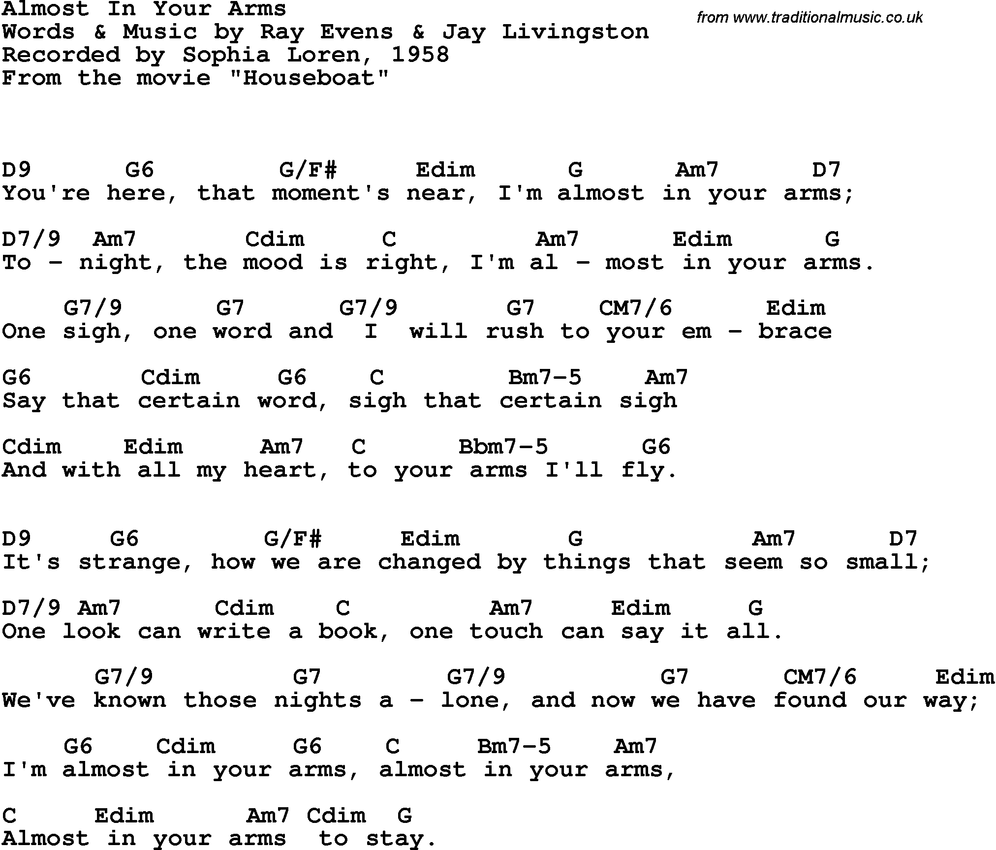 Song Lyrics with guitar chords for Almost In Your Arms - Sophia Loren, 1958