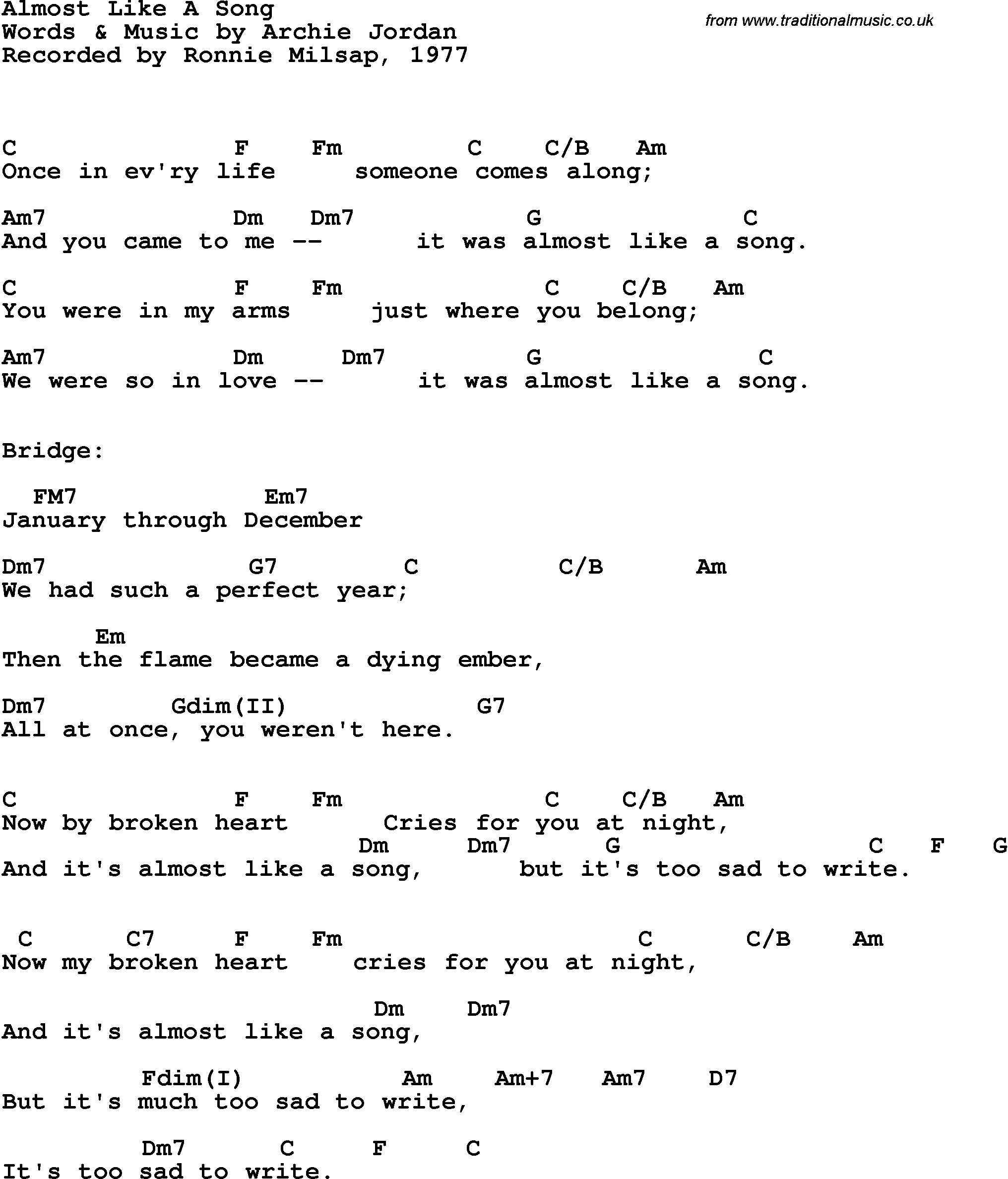 Song Lyrics with guitar chords for Almost Like A Song - Ronnie Milsap, 1977