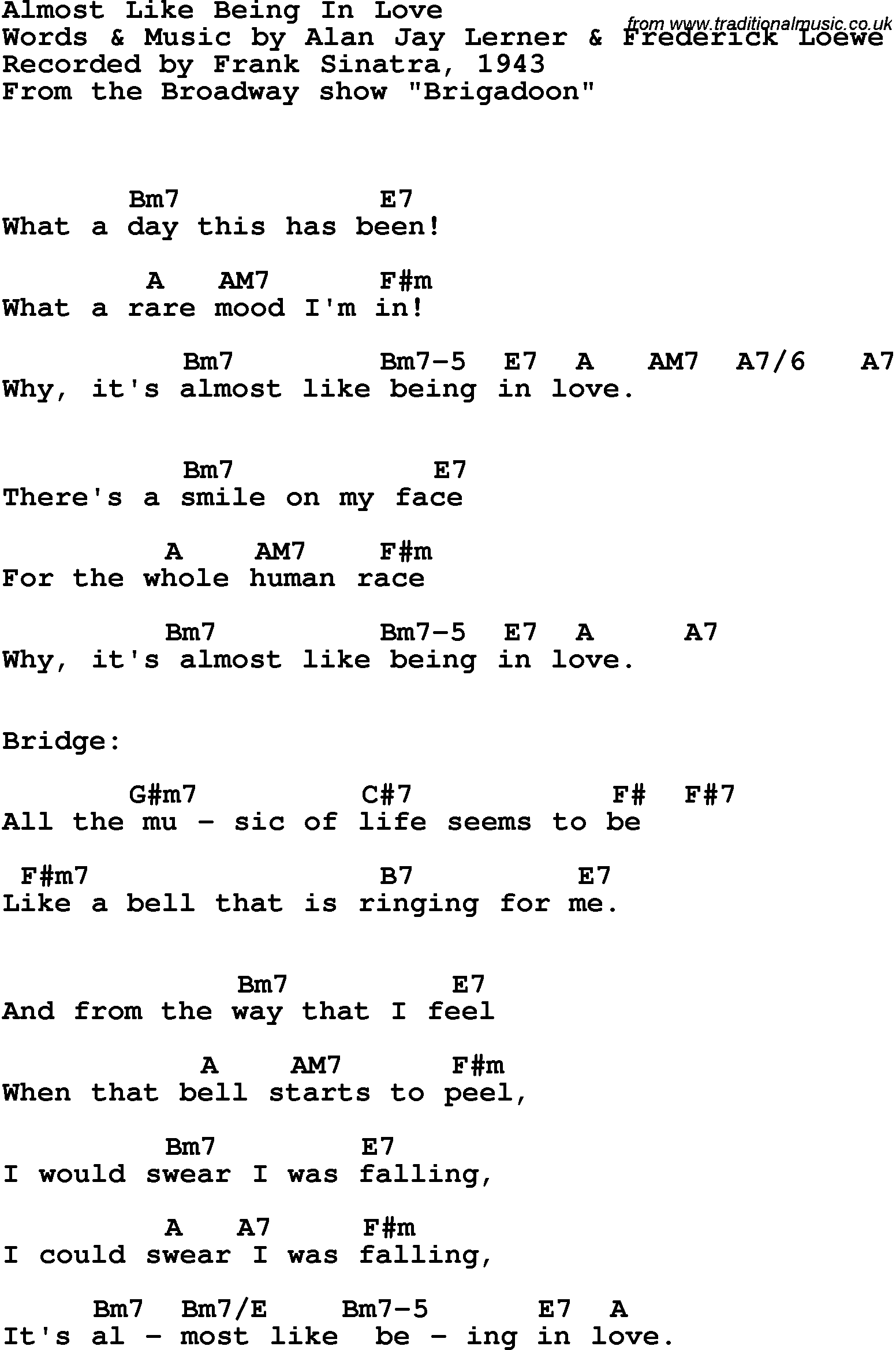 Song Lyrics with guitar chords for Almost Like Being In Love - Frank Sinatra, 1943