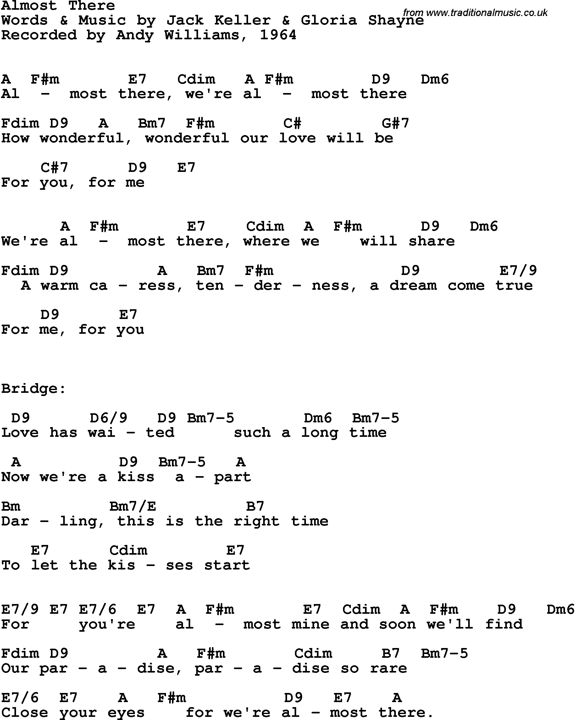 Song Lyrics with guitar chords for Almost There - Andy Williams, 1964