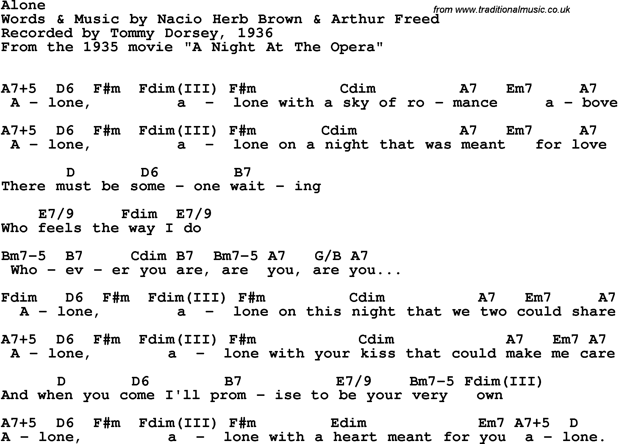 Song Lyrics with guitar chords for Alone - Tommy Dorsey, 1936