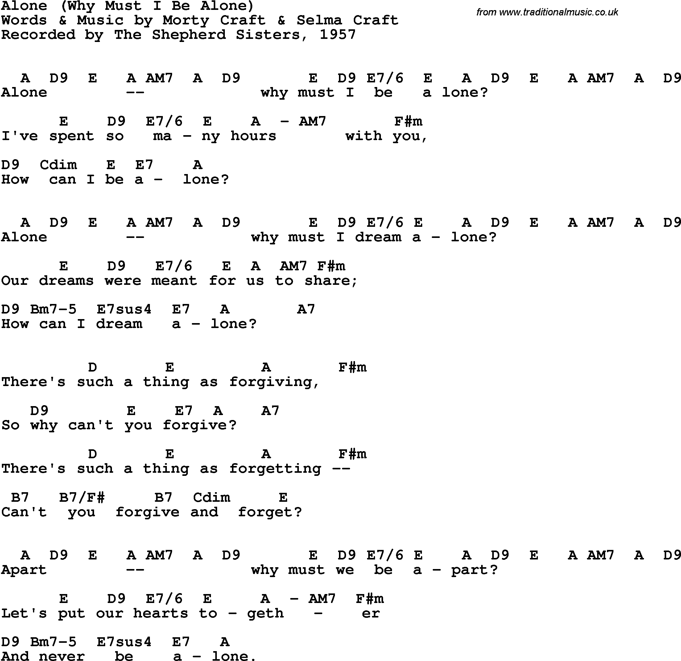 Song Lyrics with guitar chords for Alone (Why Must I Be Alone) - The Shepherd Sisters, 1957