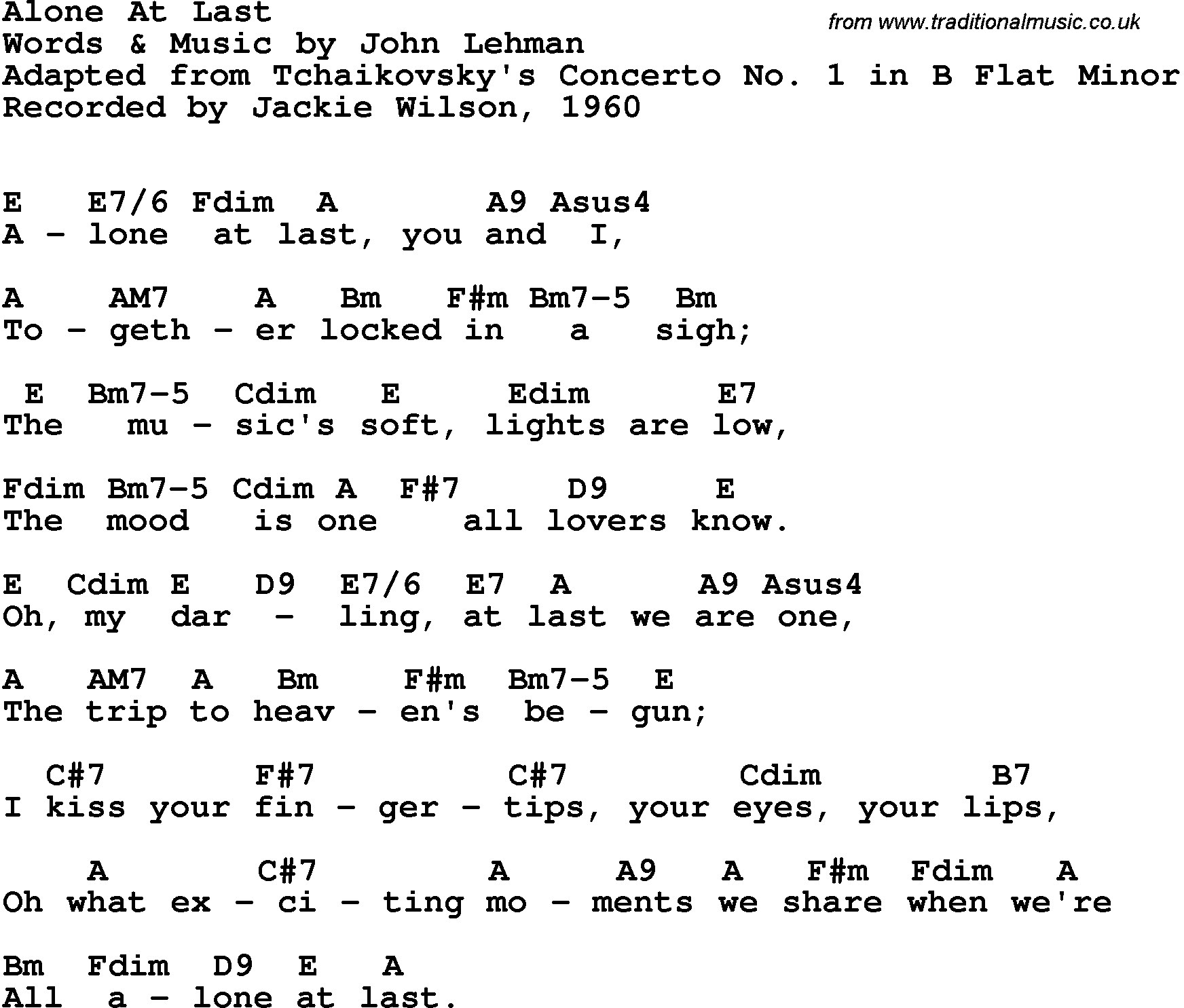 Song Lyrics with guitar chords for Alone At Last - Jackie Wilson, 1960