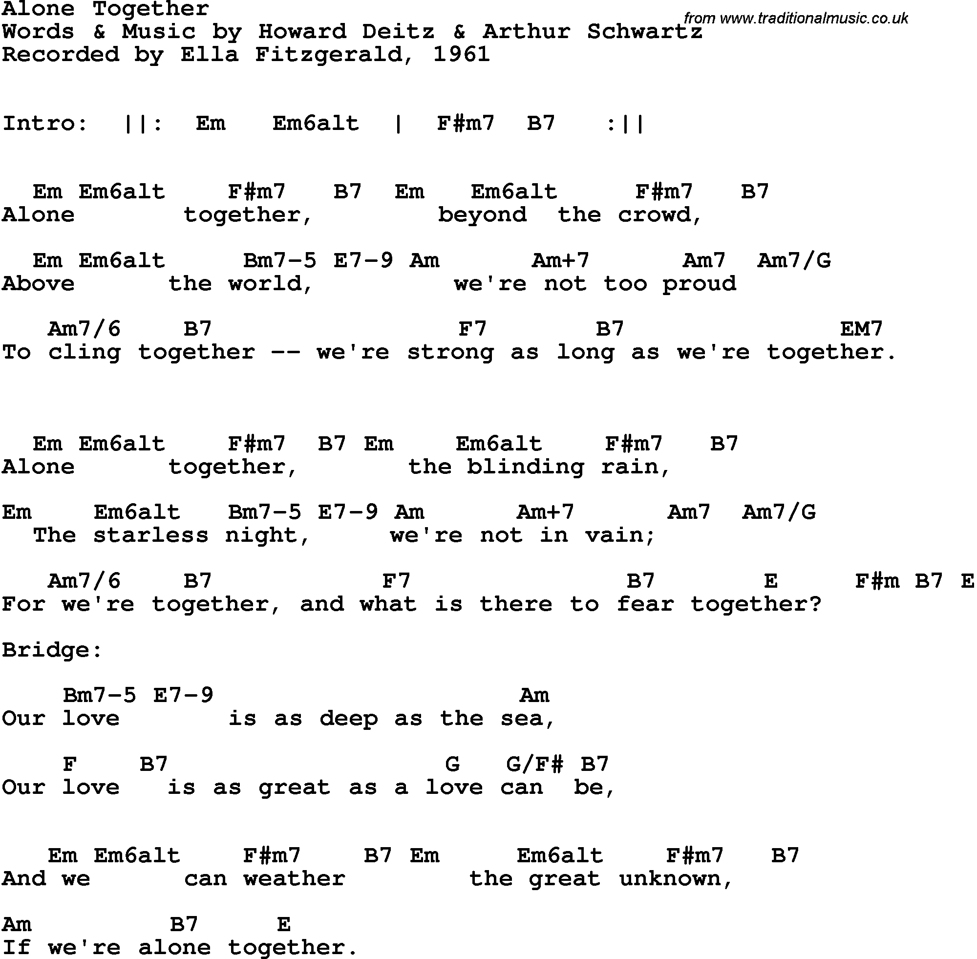 Song Lyrics with guitar chords for Alone Together - Ella Fitzgerald, 1961