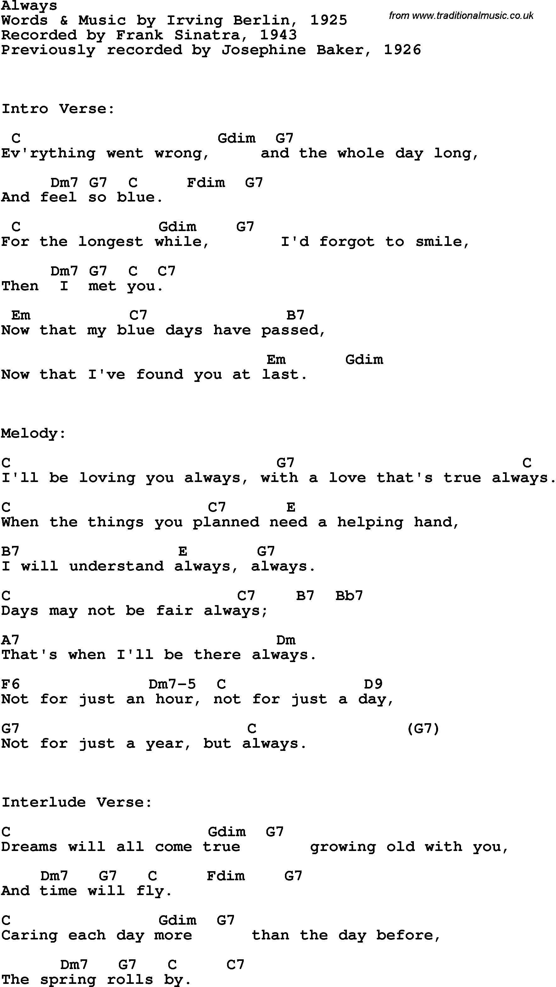 Song Lyrics with guitar chords for Always - Frank Sinatra, 1943