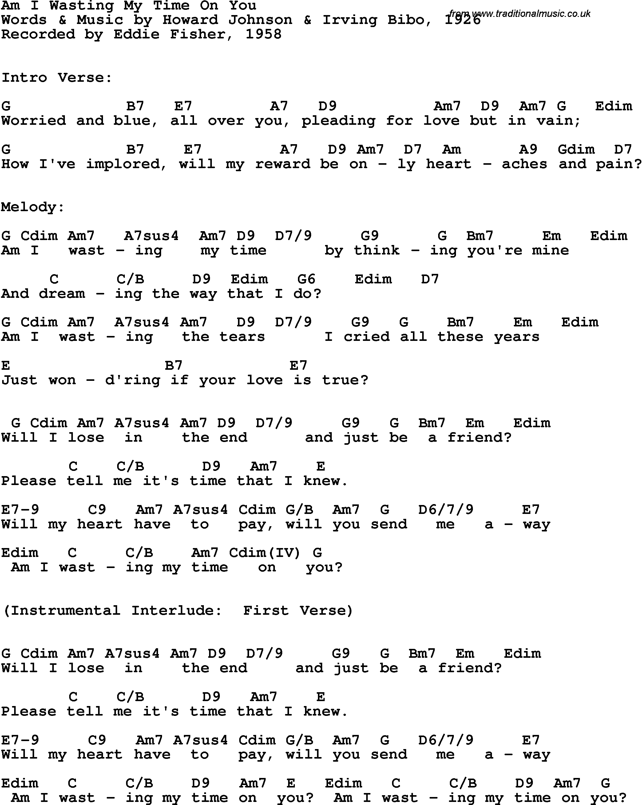 Song Lyrics with guitar chords for Am I Wasting My Time On You - Eddie Fisher, 1958