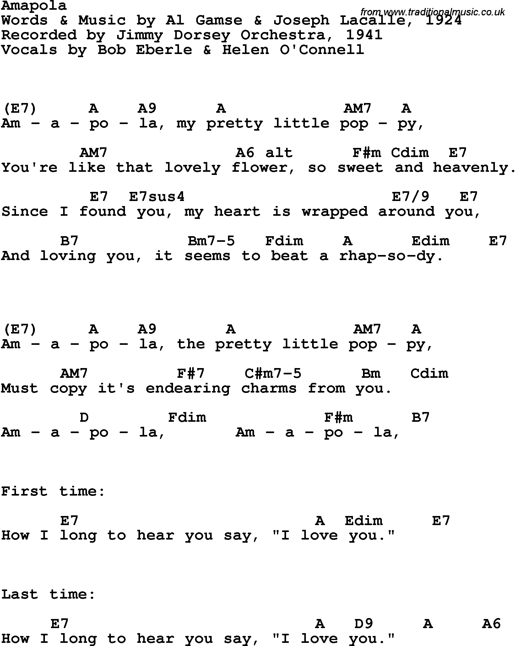 Song Lyrics with guitar chords for Amapola - Jimmy Dorsey, 1941