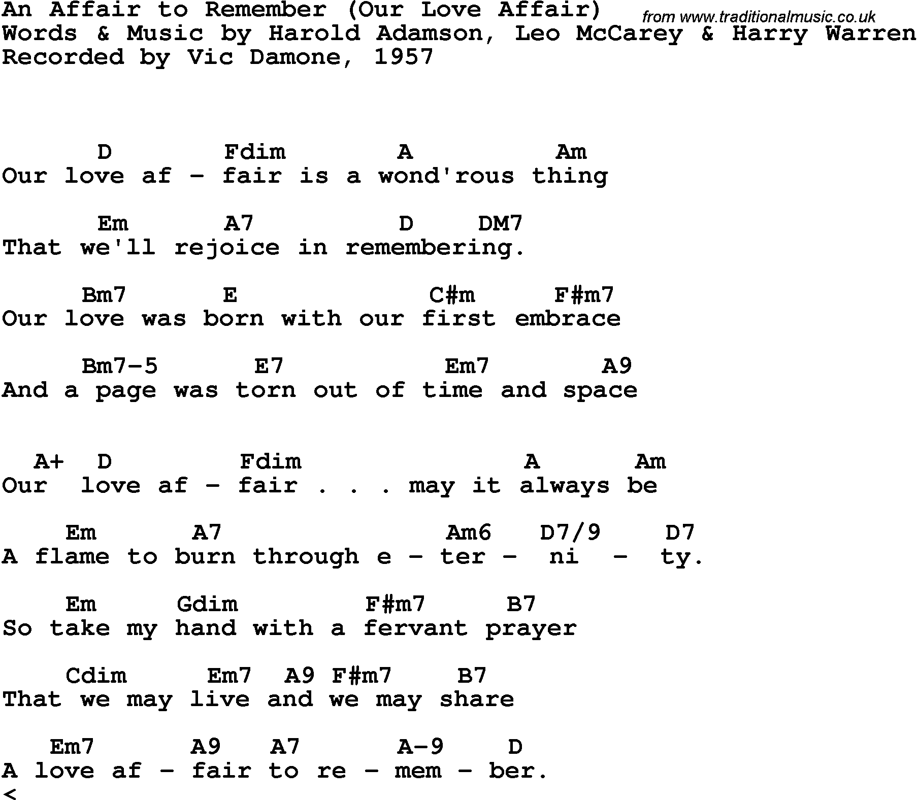 Song Lyrics with guitar chords for An Affair To Remember (Our Love Affair) - Vic Damone, 1957