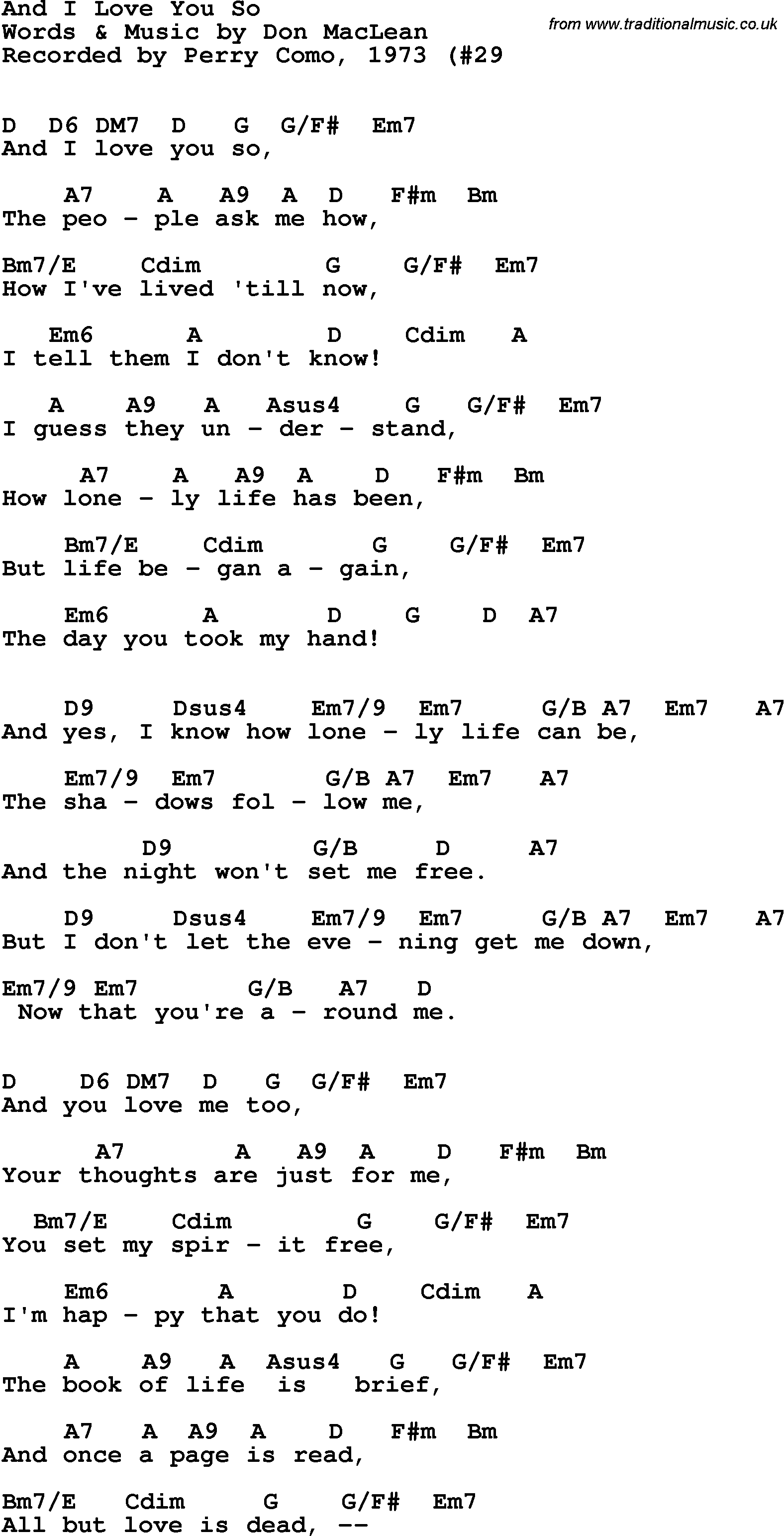 Song Lyrics with guitar chords for And I Love You So - Perry Como, 1973