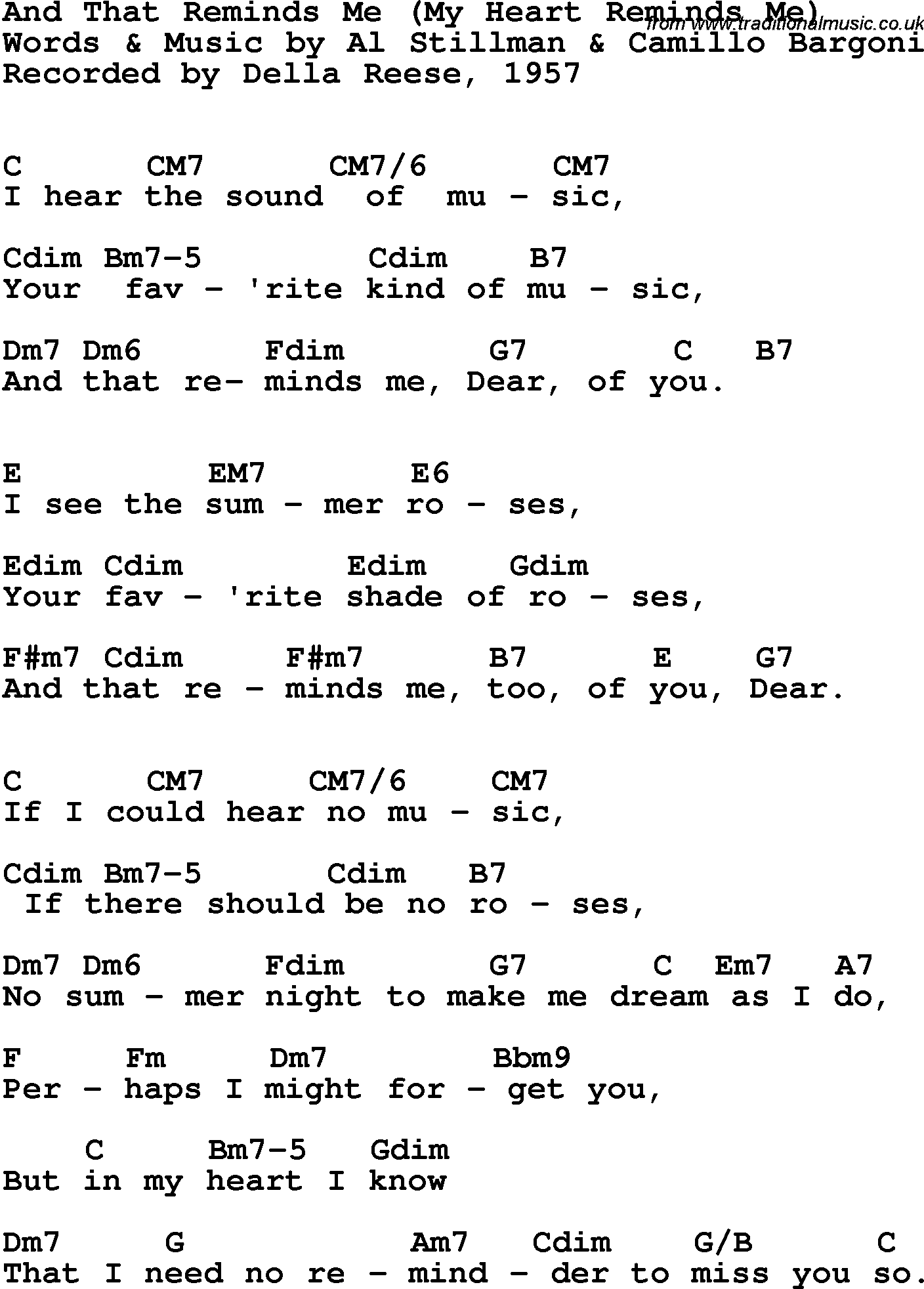Song Lyrics with guitar chords for And That Reminds Me - Della Reese, 1957