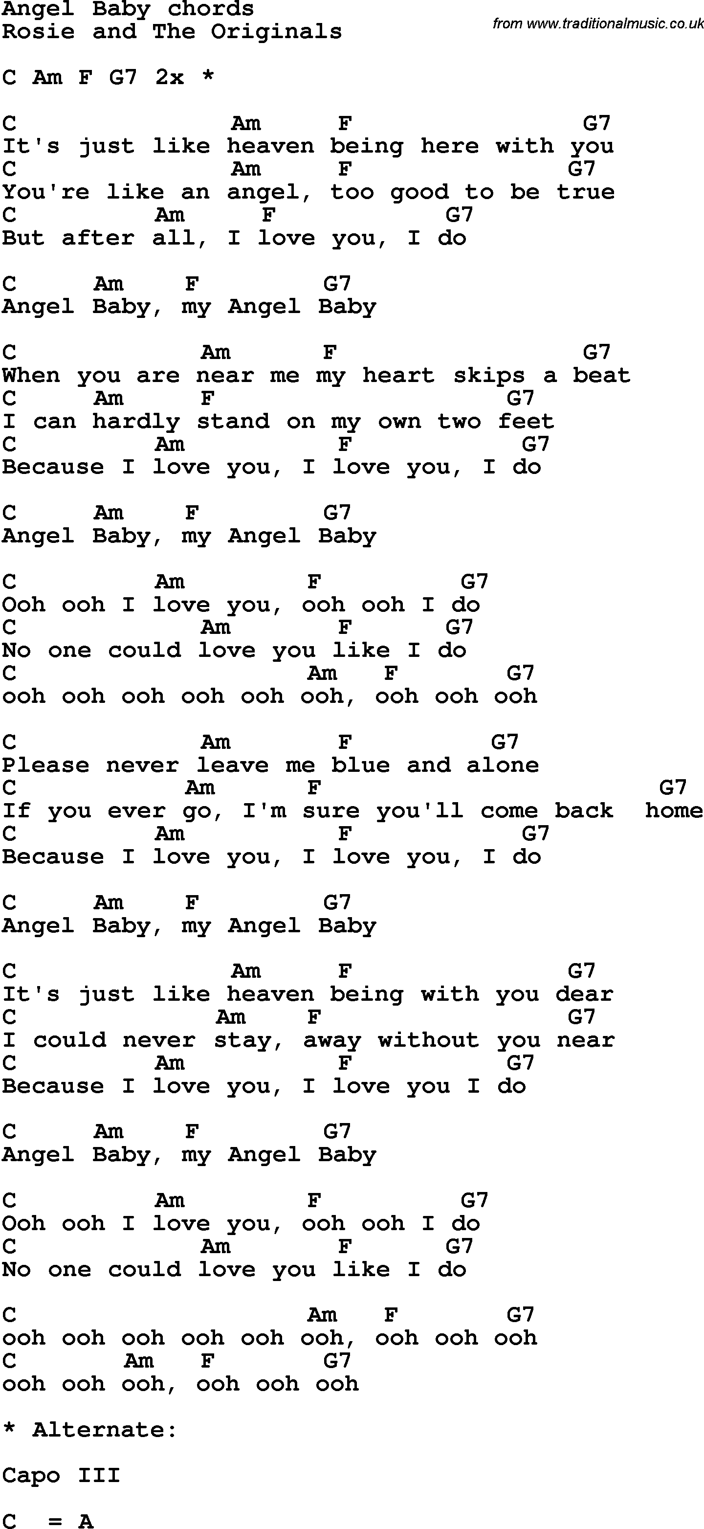 Song Lyrics with guitar chords for Angel Baby
