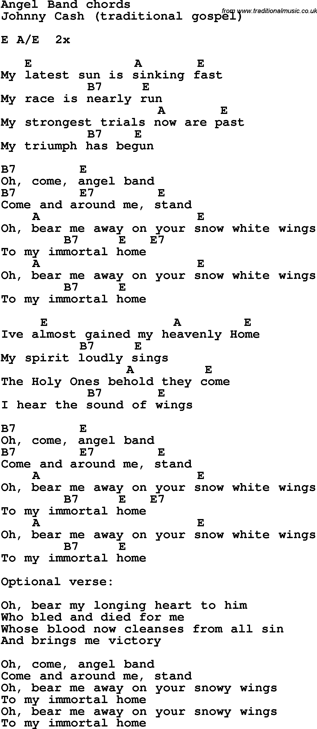 Song Lyrics with guitar chords for Angel Band - Johnny Cash