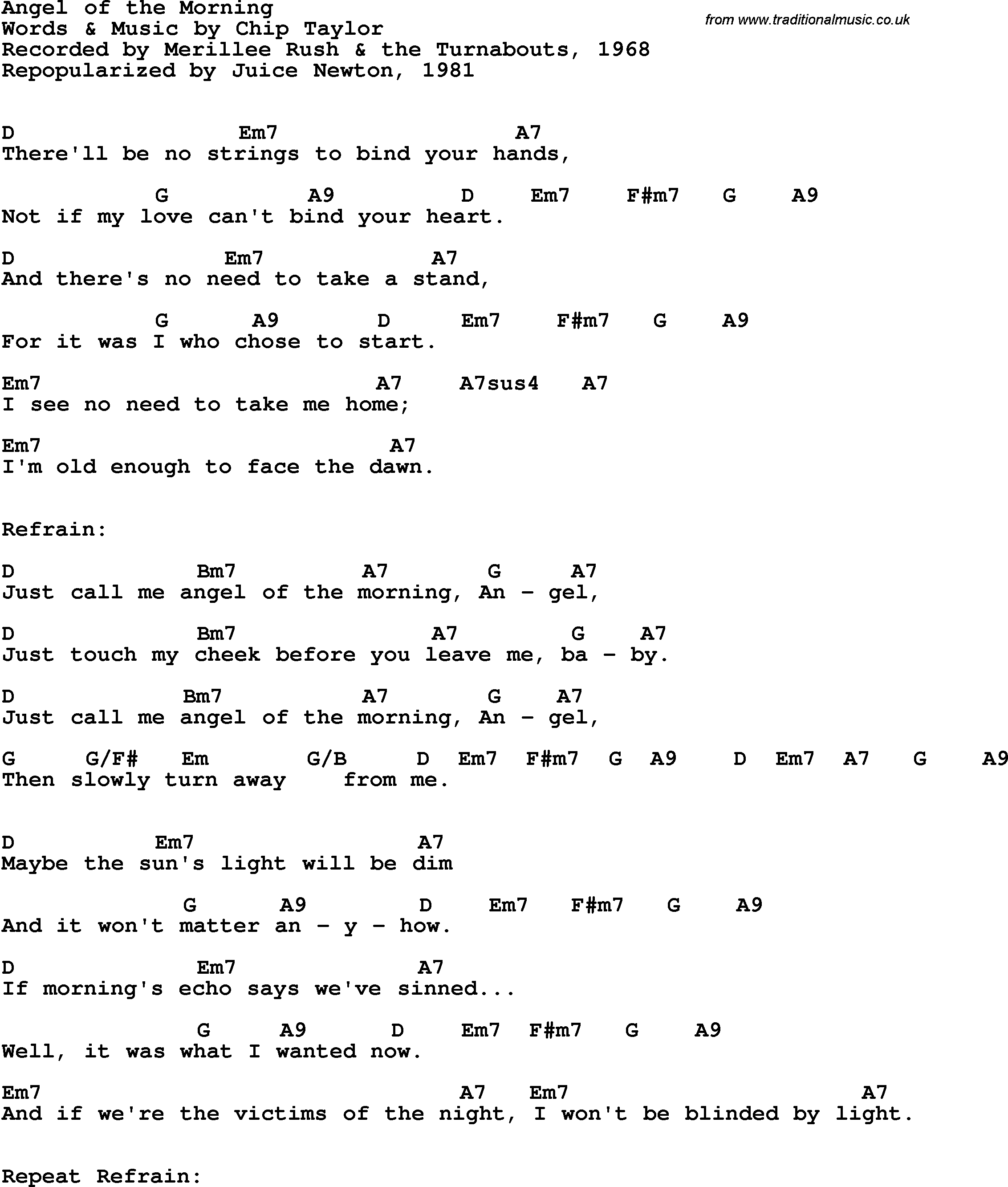 Song Lyrics with guitar chords for Angel Of The Morning - Merillee Rush, 1968