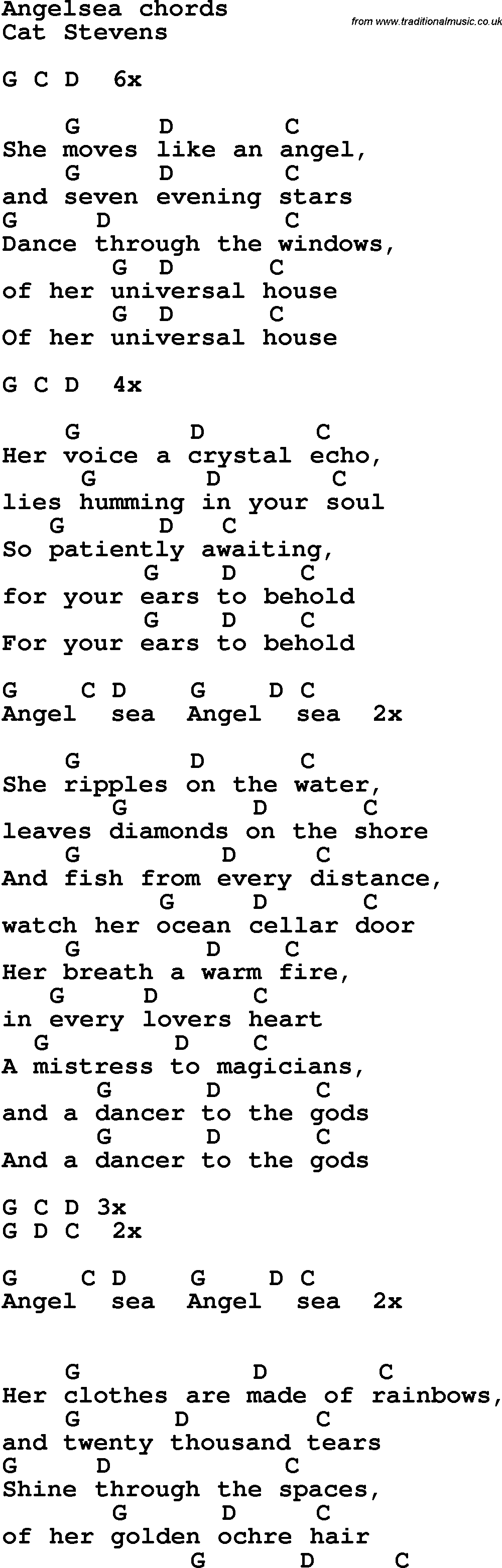 Song Lyrics with guitar chords for Angel Sea