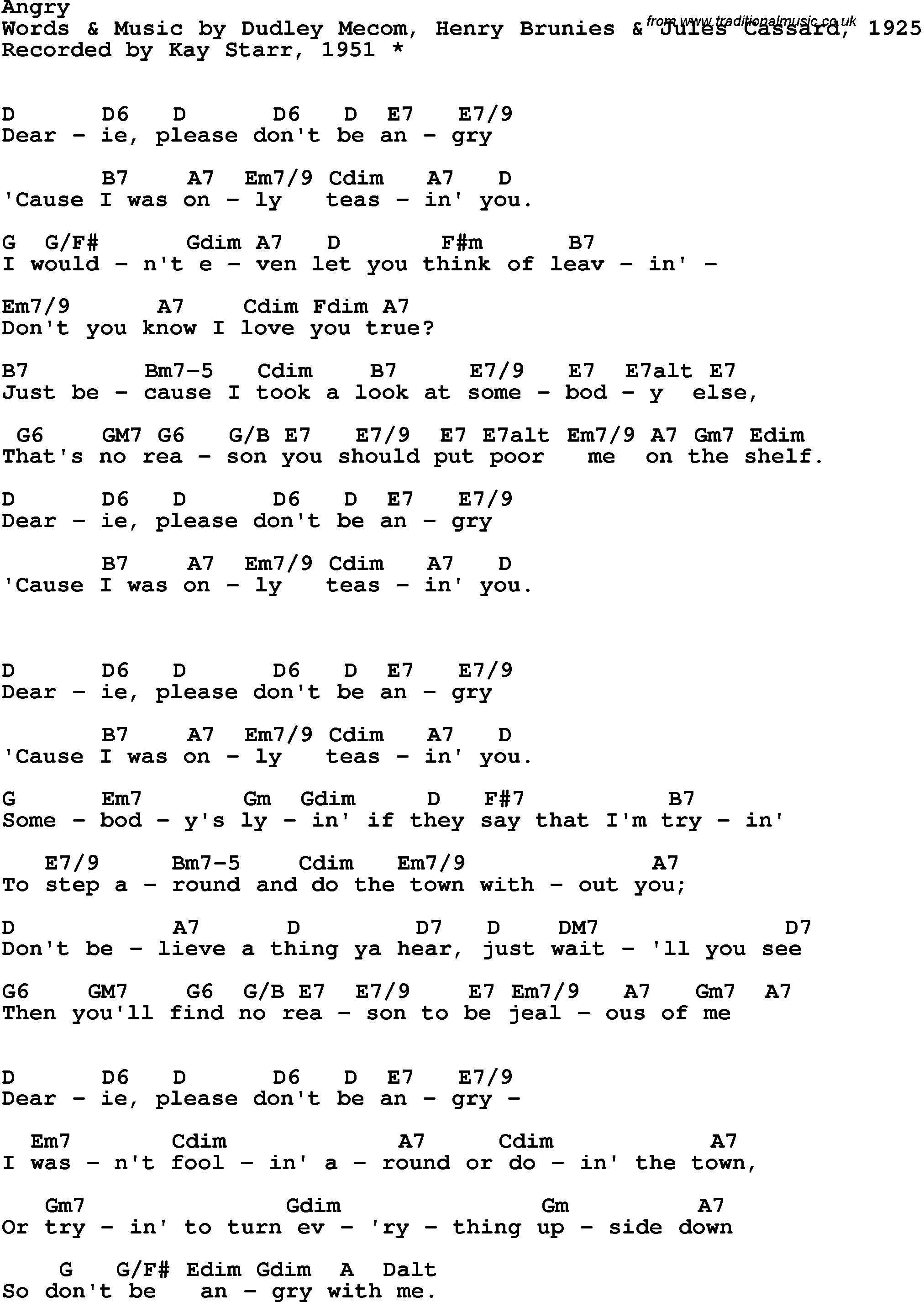 Song Lyrics with guitar chords for Angry - Kay Starr, 1951