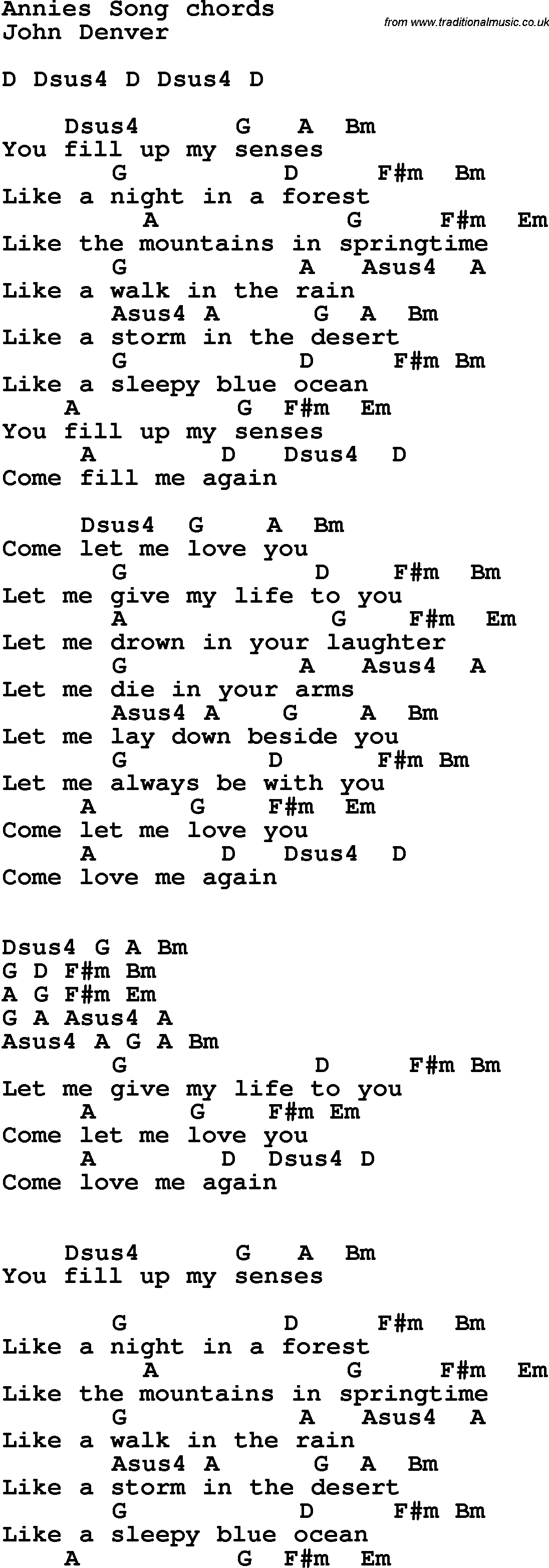 Song Lyrics with guitar chords for Annie's Song - John Denver