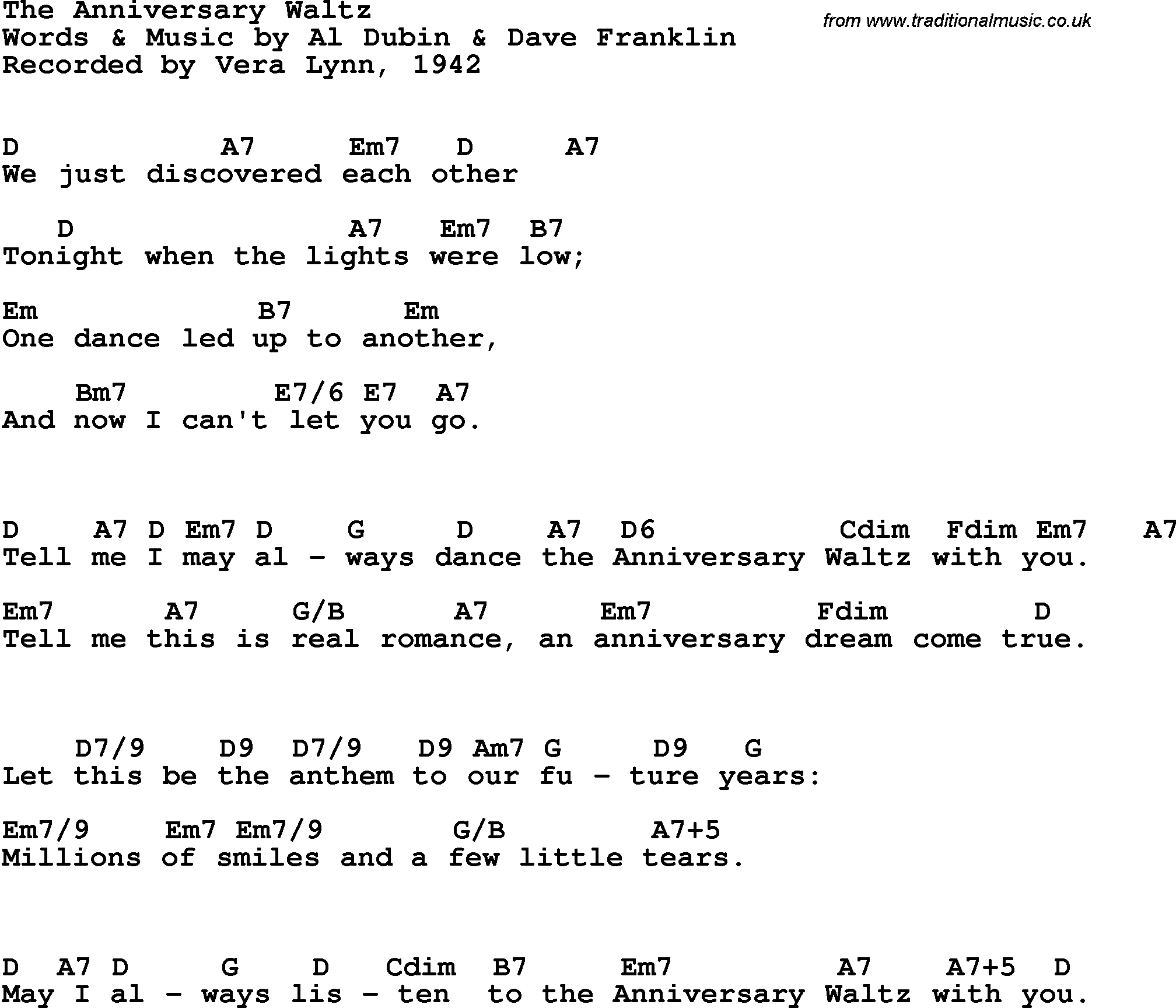 Song Lyrics with guitar chords for Anniversary Waltz - Vera Lynn, 1942