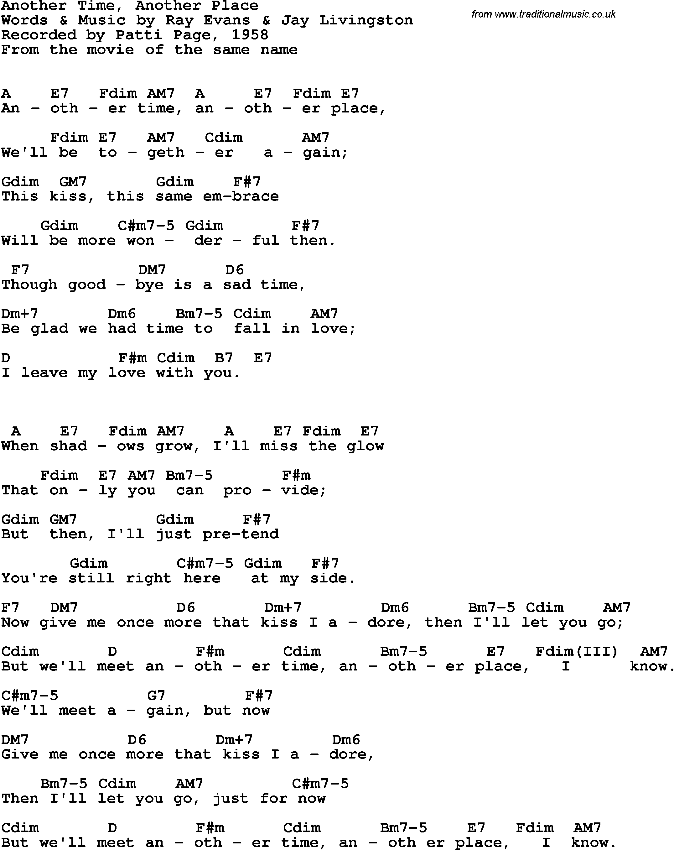 Song Lyrics with guitar chords for Another Time, Another Place - Patti Page, 1958