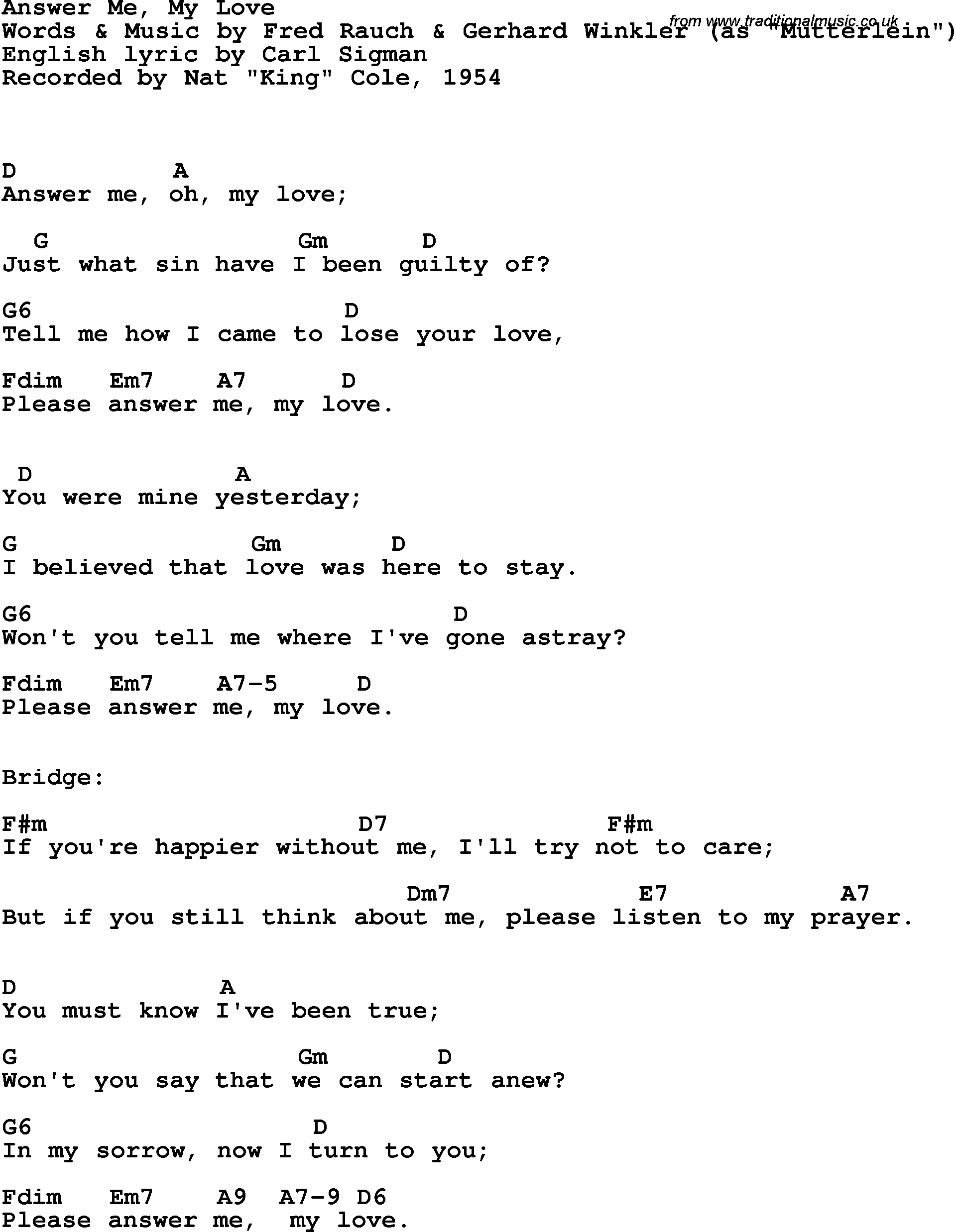 Song Lyrics with guitar chords for Answer Me, My Love - Nat King Cole, 1954