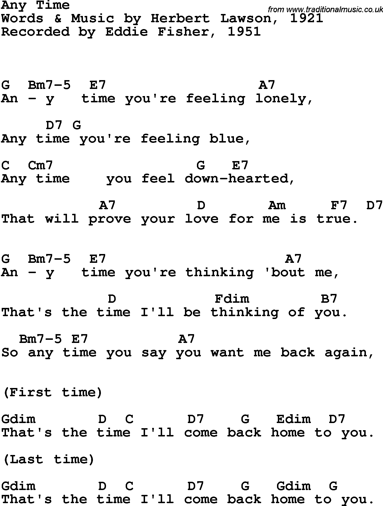 Song Lyrics with guitar chords for Any Time - Eddie Fisher, 1951
