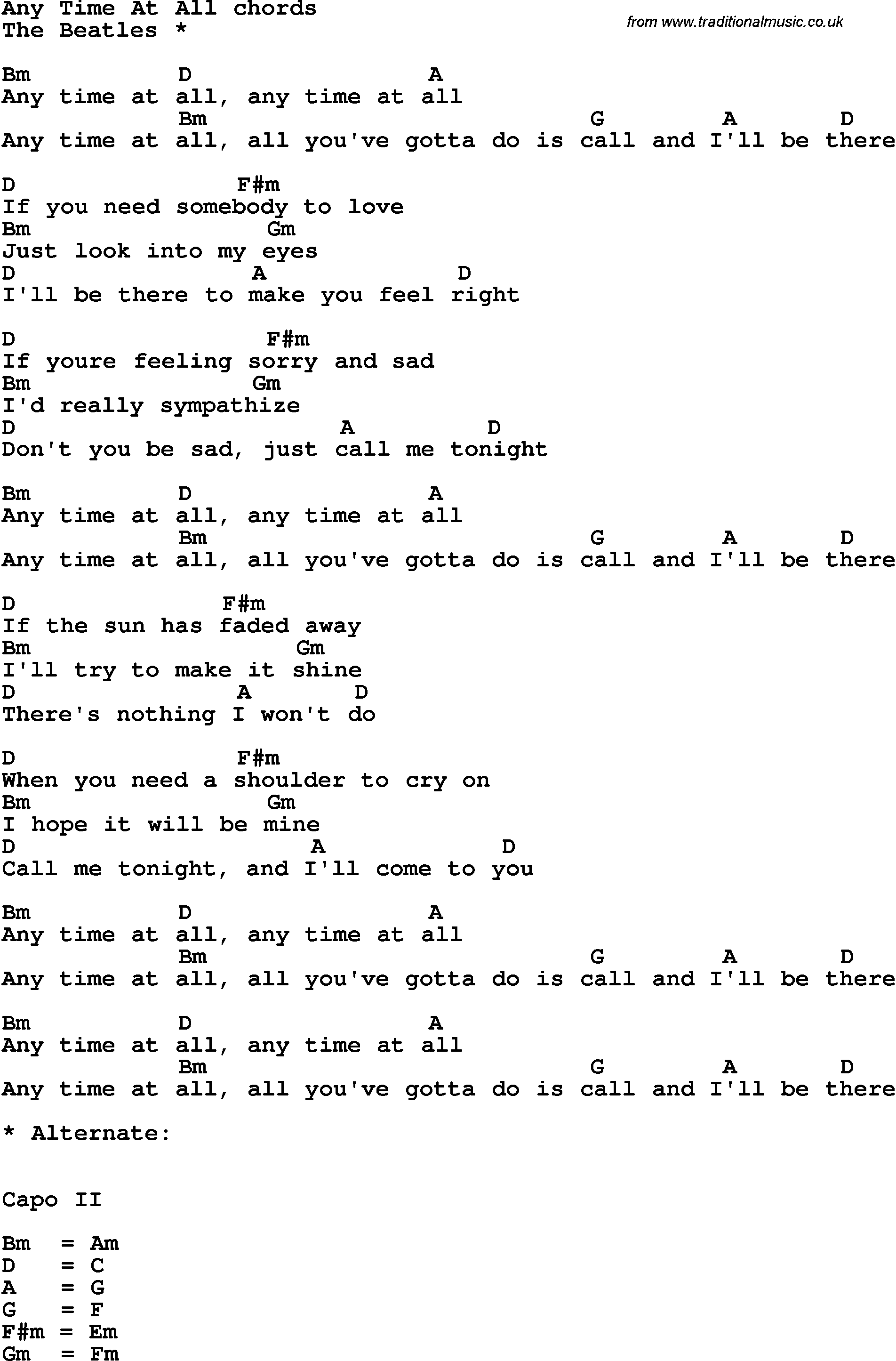 Song Lyrics with guitar chords for Any Time At All - The Beatles2
