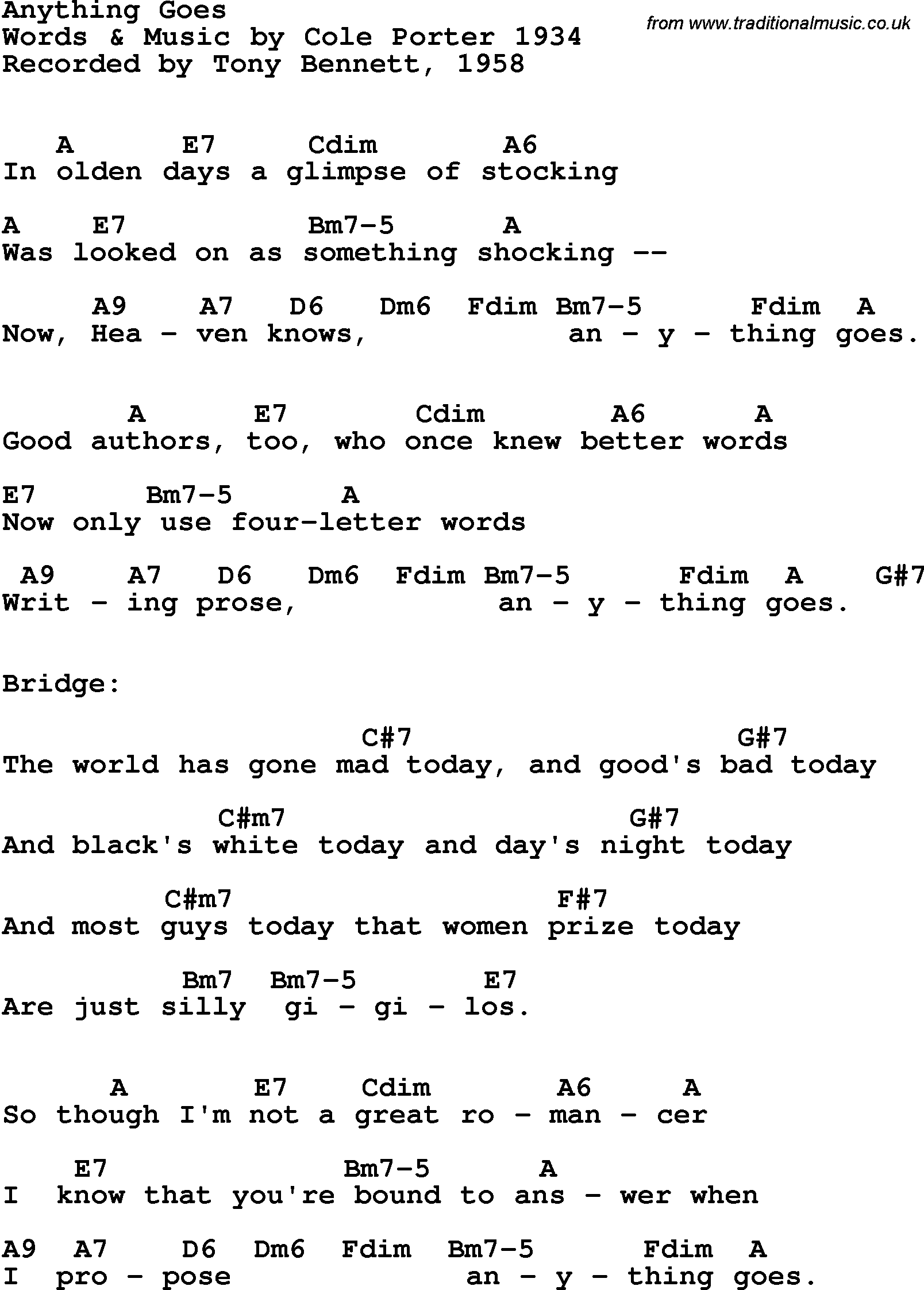 Song Lyrics with guitar chords for Anything Goes - Tony Bennett, 1958