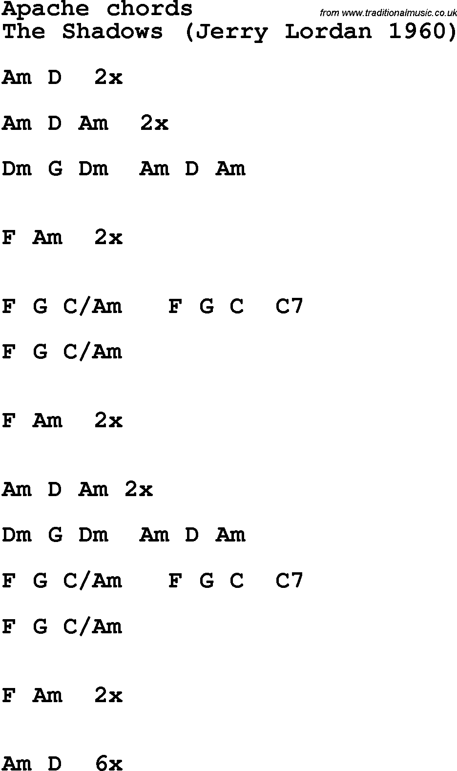 Song Lyrics with guitar chords for Apache