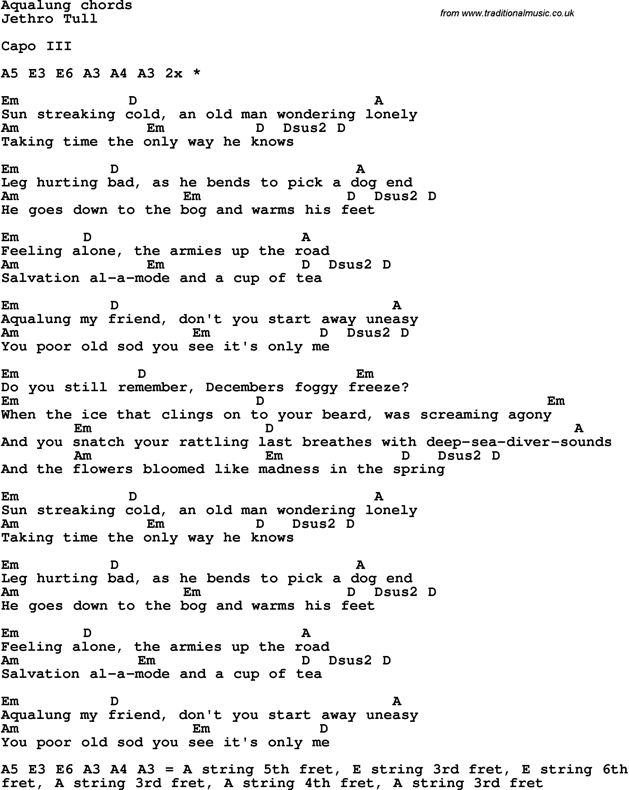 Song Lyrics with guitar chords for Aqualung - Jethro Tull