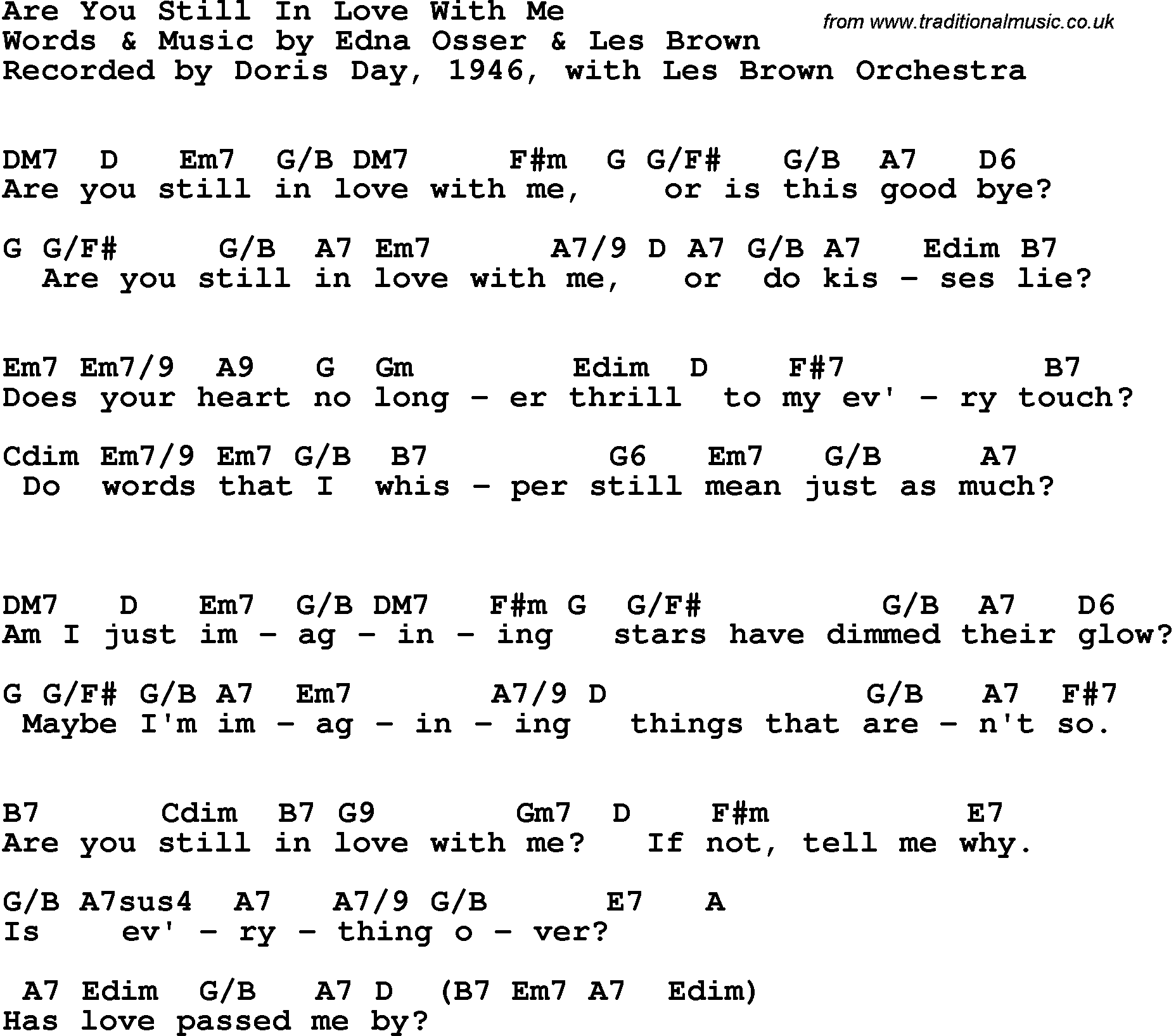 Song Lyrics with guitar chords for Are You Still In Love With Me - Doris Day, 1946, With Les Brown