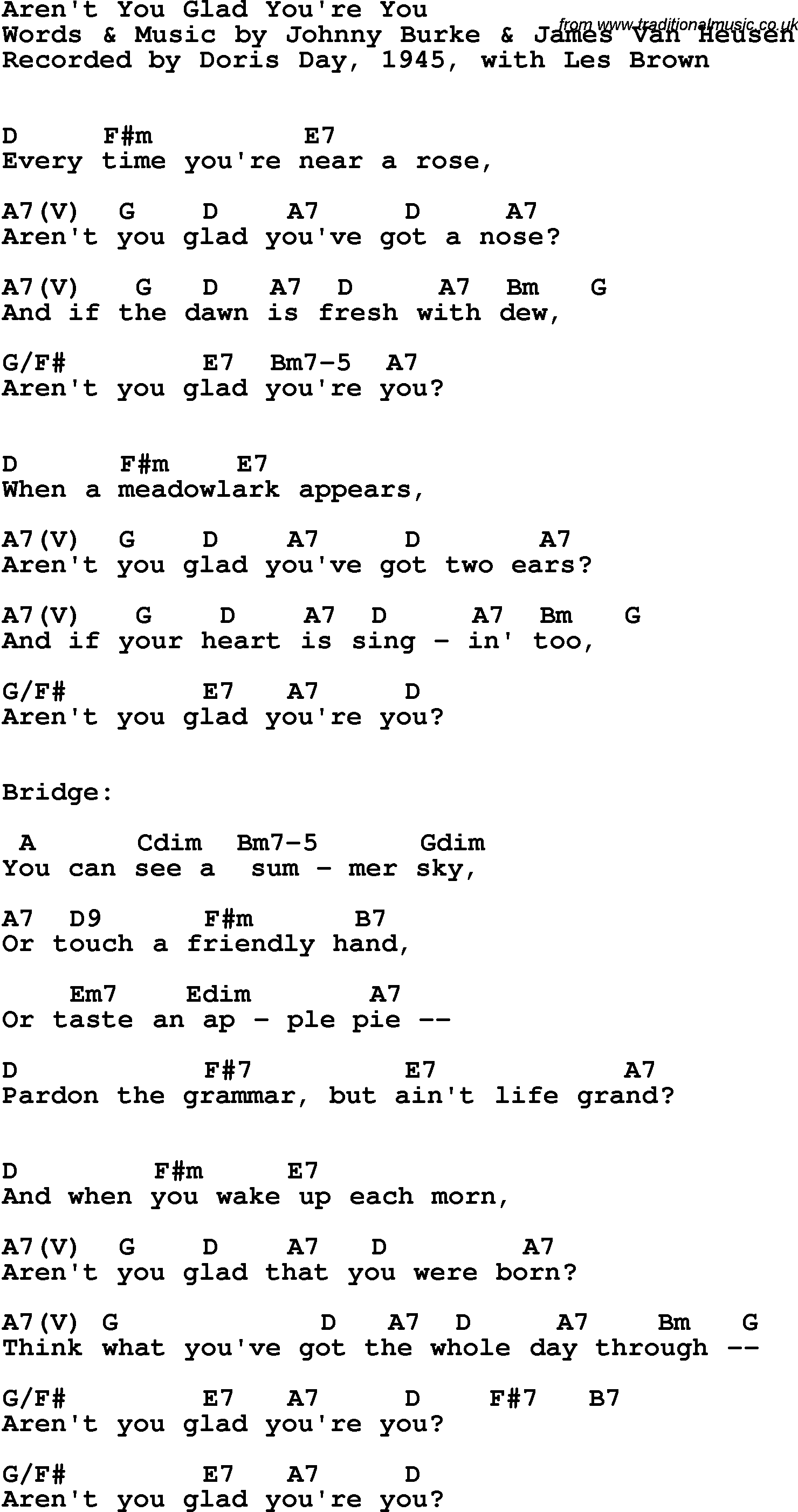 Song Lyrics with guitar chords for Aren't You Glad You're You - Doris Day, 1945, With Les Brown