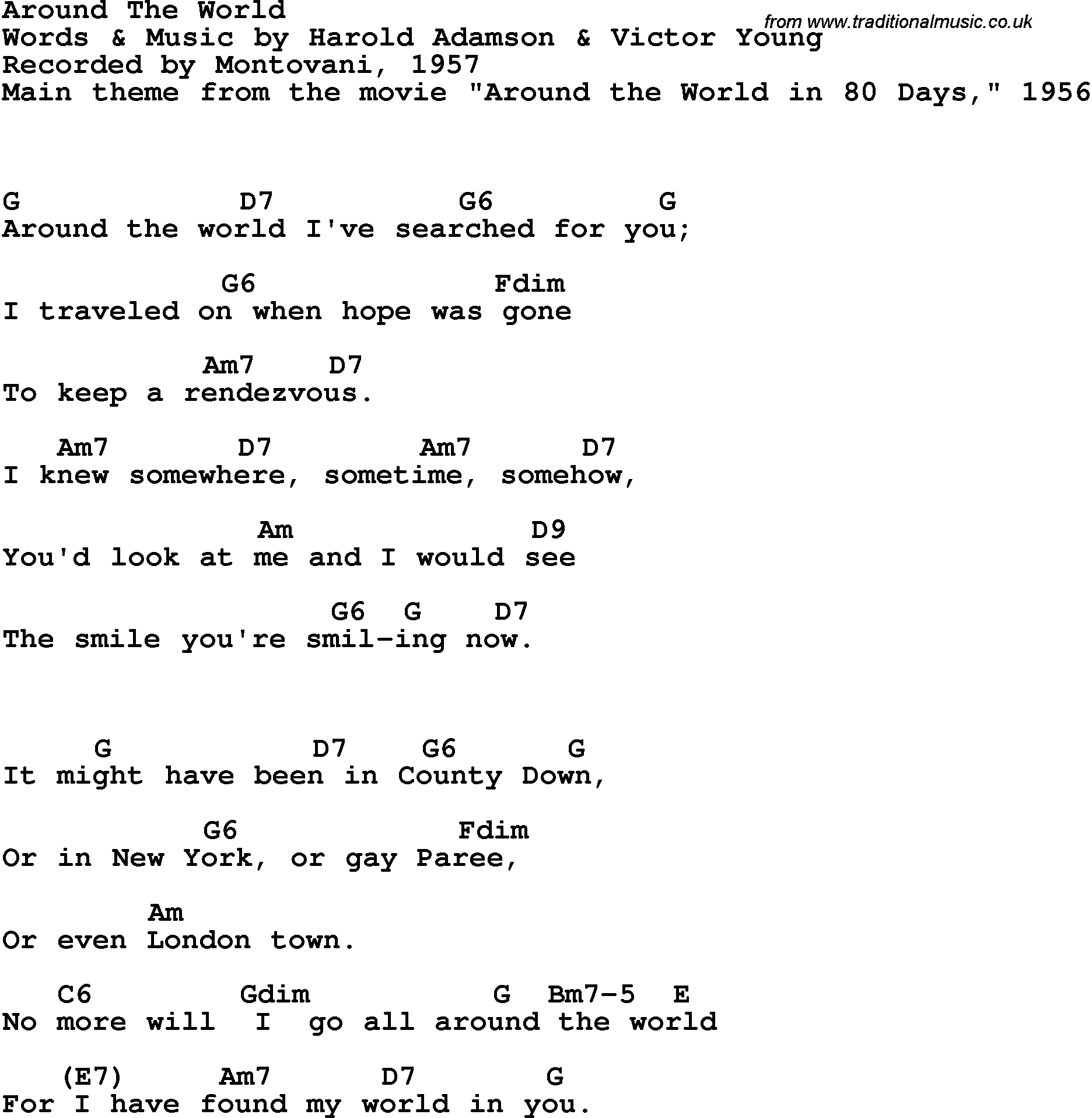 Song Lyrics with guitar chords for Around The World - Montovani, 1957