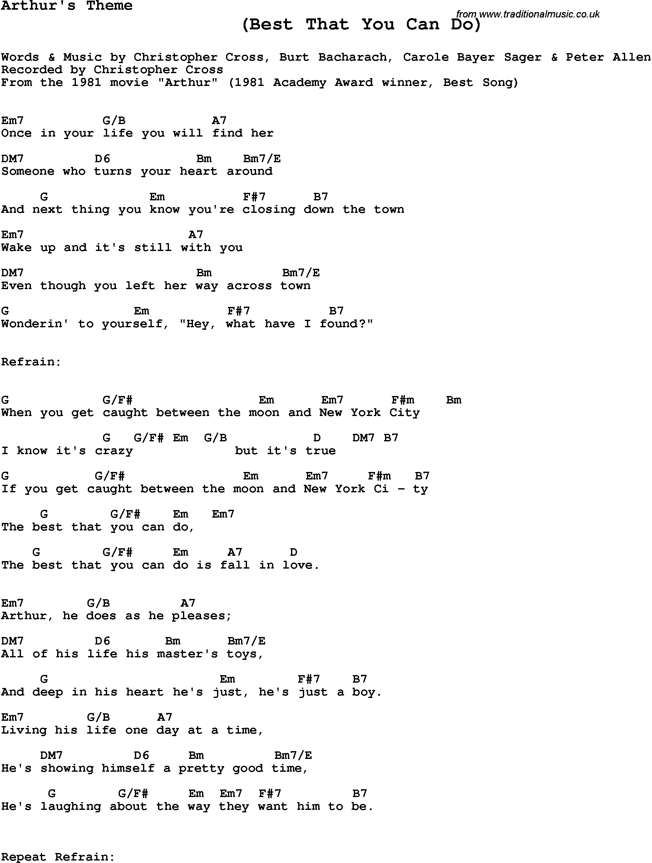 Song Lyrics with guitar chords for Arthur's Theme - Christopher Cross, 1981