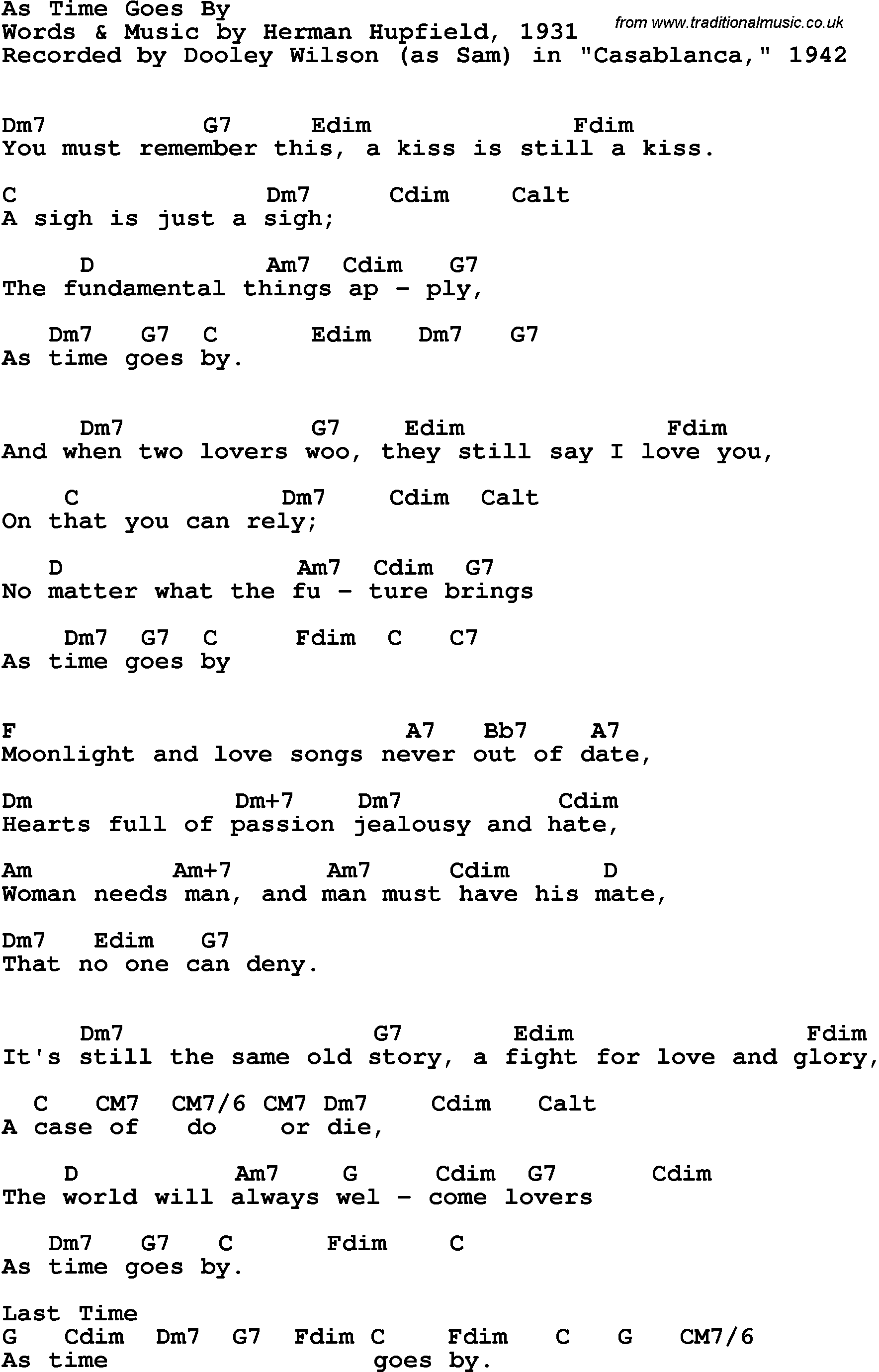 Song Lyrics with guitar chords for As Time Goes By  - Dooley Wilson As Sam In The Movie Casablanca, 1942
