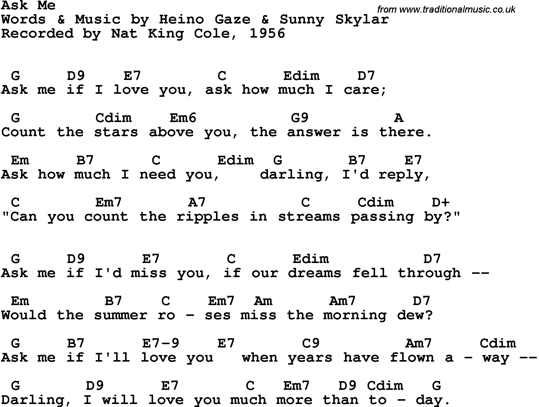 Song Lyrics with guitar chords for Ask Me - Nat King Cole, 1956