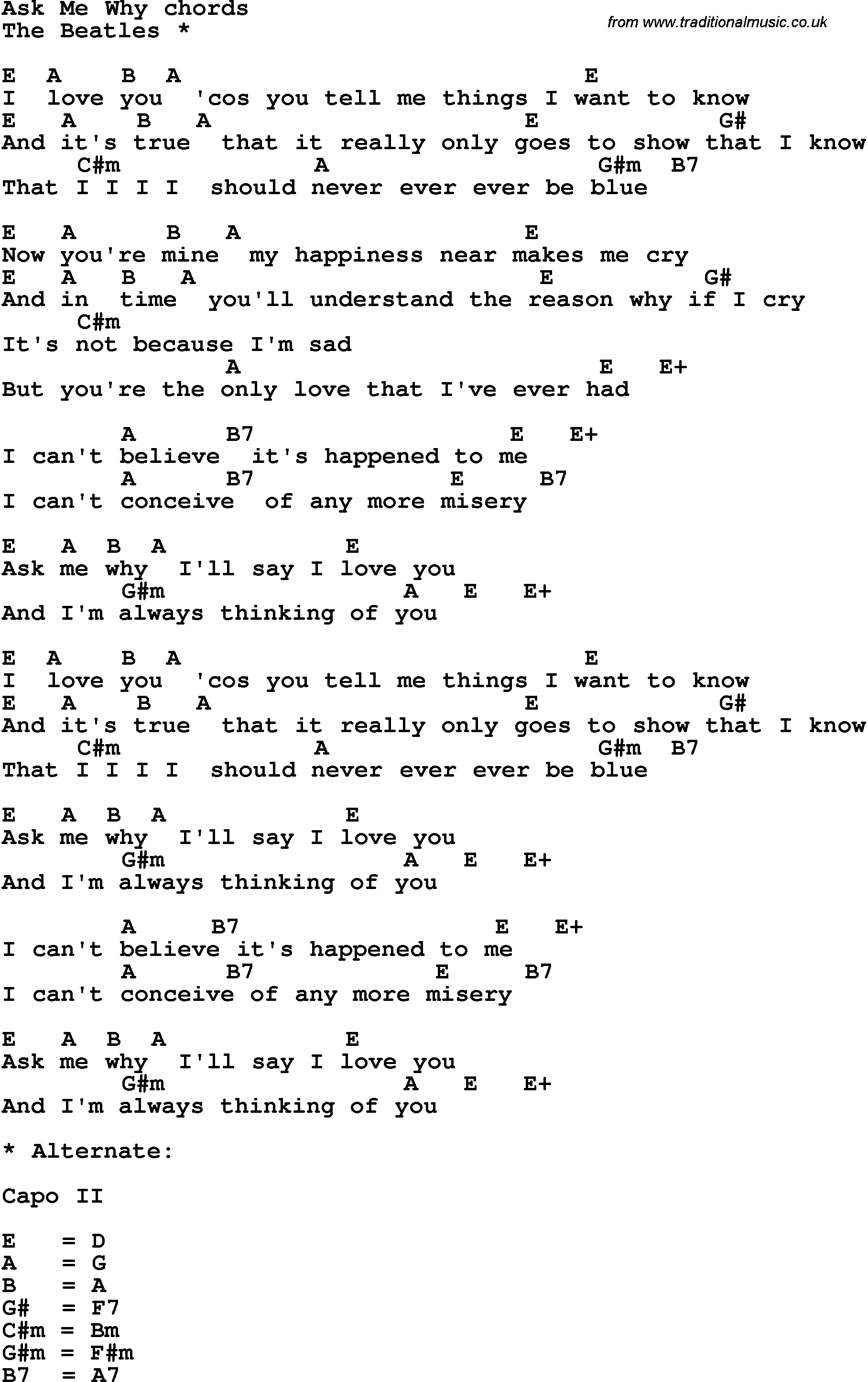 Song Lyrics with guitar chords for Ask Me Why - The Beatles