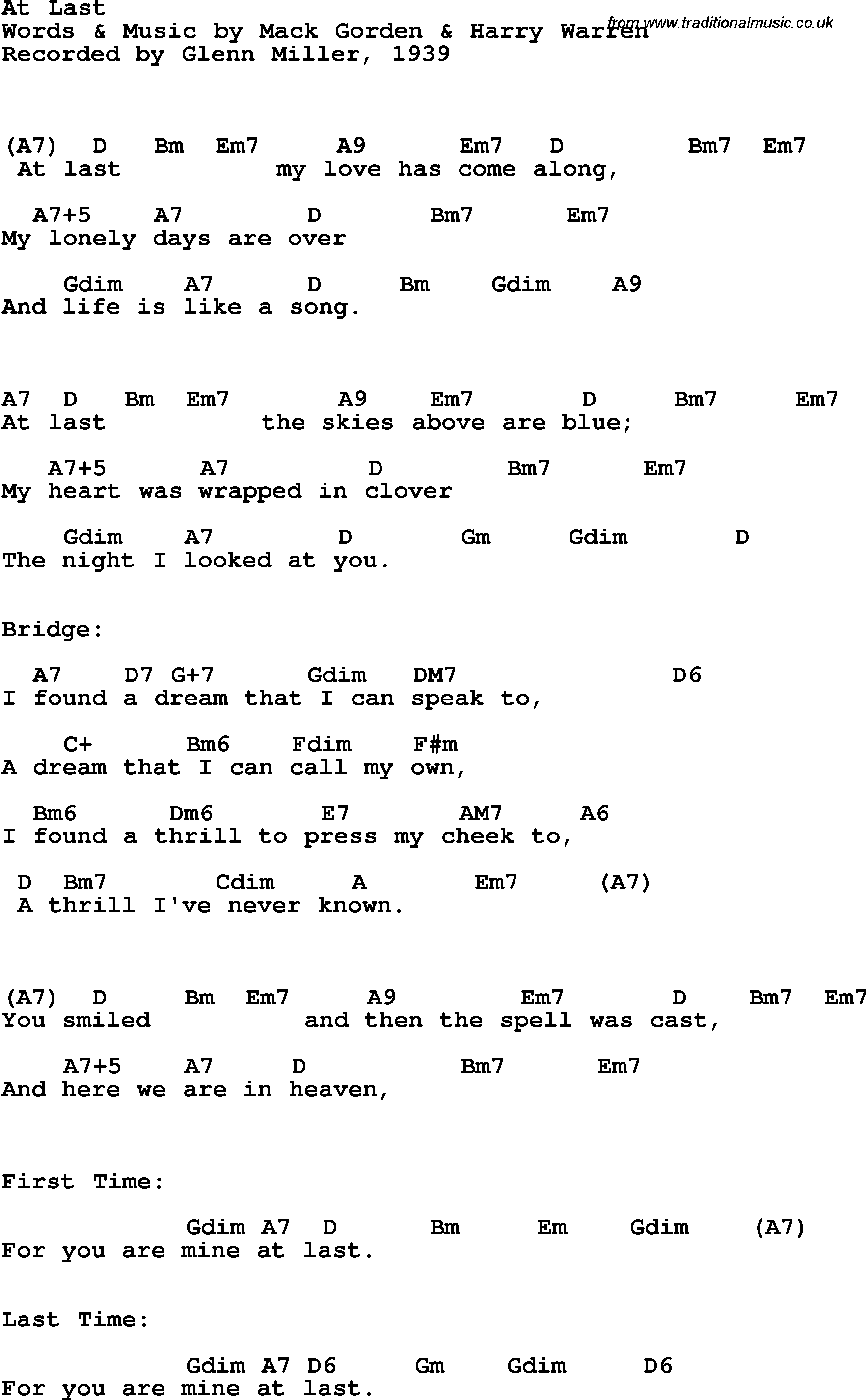 Song Lyrics with guitar chords for At Last - Glenn Miller, 1939